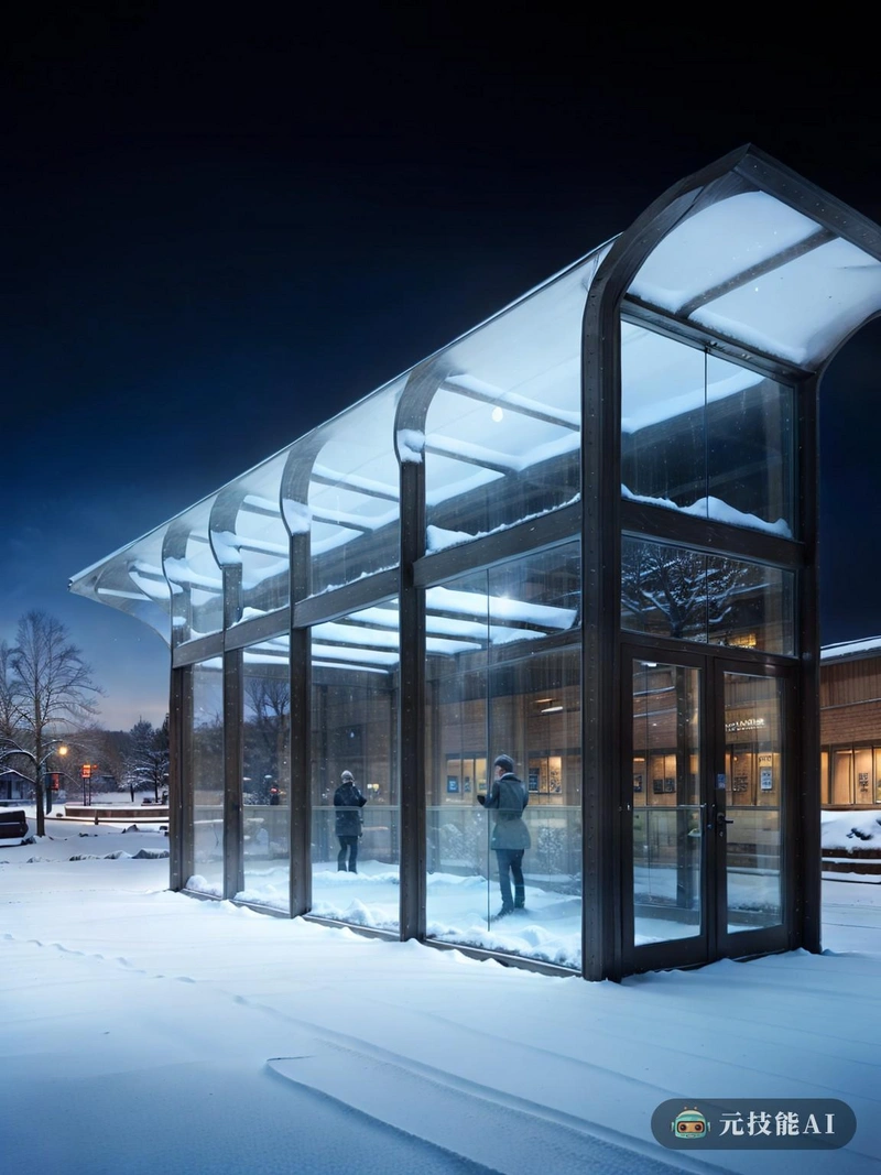 在一个冰雪统治一切的世界里，一个公交车站从冻土带上拔地而起。它的设计是解构主义与自然之美的结合，挑战了传统的建筑观念。玻璃幕墙结构可以让人们一览无余地看到白雪覆盖的景观，同时也利用自然光的力量照亮室内。车站的设计以其流畅的线条和几何图案向装饰艺术风格致敬，但它仍然忠于其环境，与雪的清脆和冬天的冰冷寂静相呼应。车站内部是刺骨寒冷的避风港，温暖的木凳拥抱着车站，悬挂的灯发出柔和的光芒。墙上装饰着雪花和冰柱的马赛克，在元素之间创造了一种和谐的感觉。候车区配备了电子设备充电站和为候车乘客提供热饮的咖啡柜台。当太阳落在白雪覆盖的平原上时，车站呈现出一种全新的生活。玻璃幕墙变成了一面镜子，反射出白雪覆盖的景观，并在该地区投射出神奇的光环。公交车来了，乘客下了车，进入了冬夜，他们的呼吸在寒冷的空气中清晰可见。在这里，冬天与温暖相遇，冰雪与生命相遇，解构主义与环保主义精神相遇。