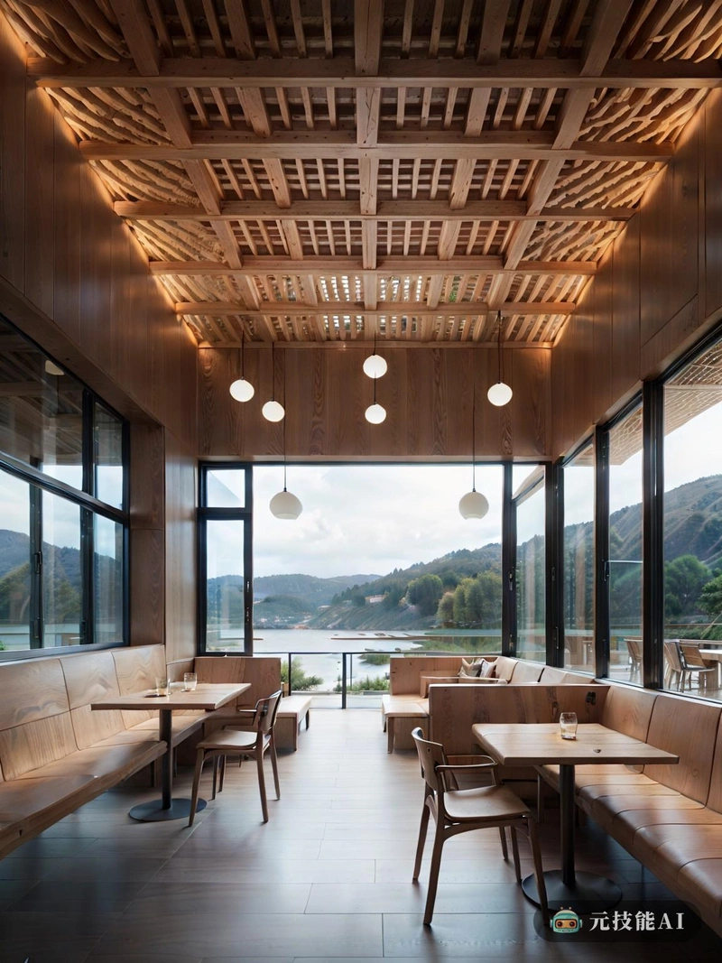 咖啡馆坐落在宁静的湖边，散发着平静和宁静的感觉。极简主义的设计，以简洁的线条和整洁的空间为特征，与自然环境相辅相成，强调建筑与自然的和谐。混凝土结构粗糙而有质感，与铝塑板的光滑表面形成鲜明对比，为整体设计增添了现代感。穿孔的建筑，其复杂的图案和开口，允许自然光透过，在咖啡馆内创造出光影的游戏。结构的嵌套形式给它一个舒适和诱人的外观，暗示一个放松和喘息的舒适空间。整体效果是简洁和优雅，每一个细节都相辅相成。极简主义美学和自然元素的融合创造了一个视觉上吸引人的场景，邀请观众释放他们的想象力，迷失在宁静的美丽中。