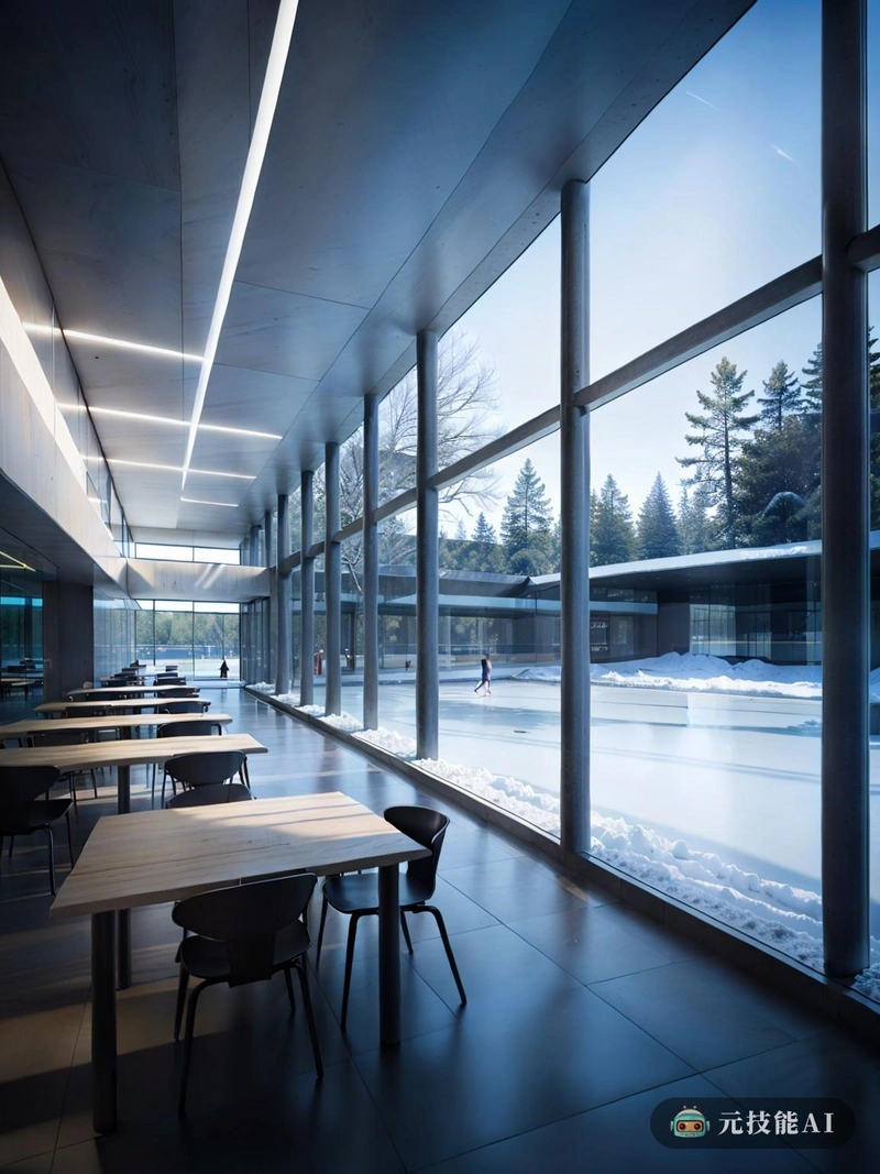 冰雪世界学院不仅仅是一座建筑；它是通往知识和文化的门户。室内光线充足的空间旨在鼓励学习和激发创造力。镀锌墙不仅能反射自然光，而且具有独特的捕捉和散发温暖的能力，营造出一种舒适的氛围，克服了雪地环境的严寒。学院的嵌套形式允许空间的动态流动，有不同的层次和壁龛，为学习或沉思提供了隐蔽的区域。
