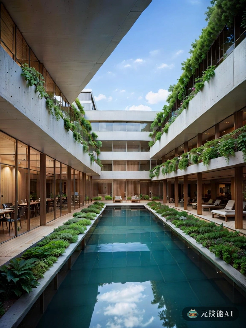 Dynamic Brutalist酒店是一个令人惊叹的现代风格建筑物。其野蛮的形状，原始和未完成的外观，与装饰其外部的空中花园形成了美丽的对比。花园里充满了郁郁葱葱的绿色植物，给人一种独特而意想不到的感觉，为建筑设计提供了自然的延伸。酒店简洁的线条和功能主义美学体现了包豪斯风格的影响。毡纸墙营造出一种舒适而诱人的氛围，让人想起传统工艺，为原本时尚而现代的设计增添了一层温暖和质感。这家酒店不仅仅是一个住宿的地方；这种体验将客人带到一个现代设计与自然、功能与艺术、舒适与创新的世界。