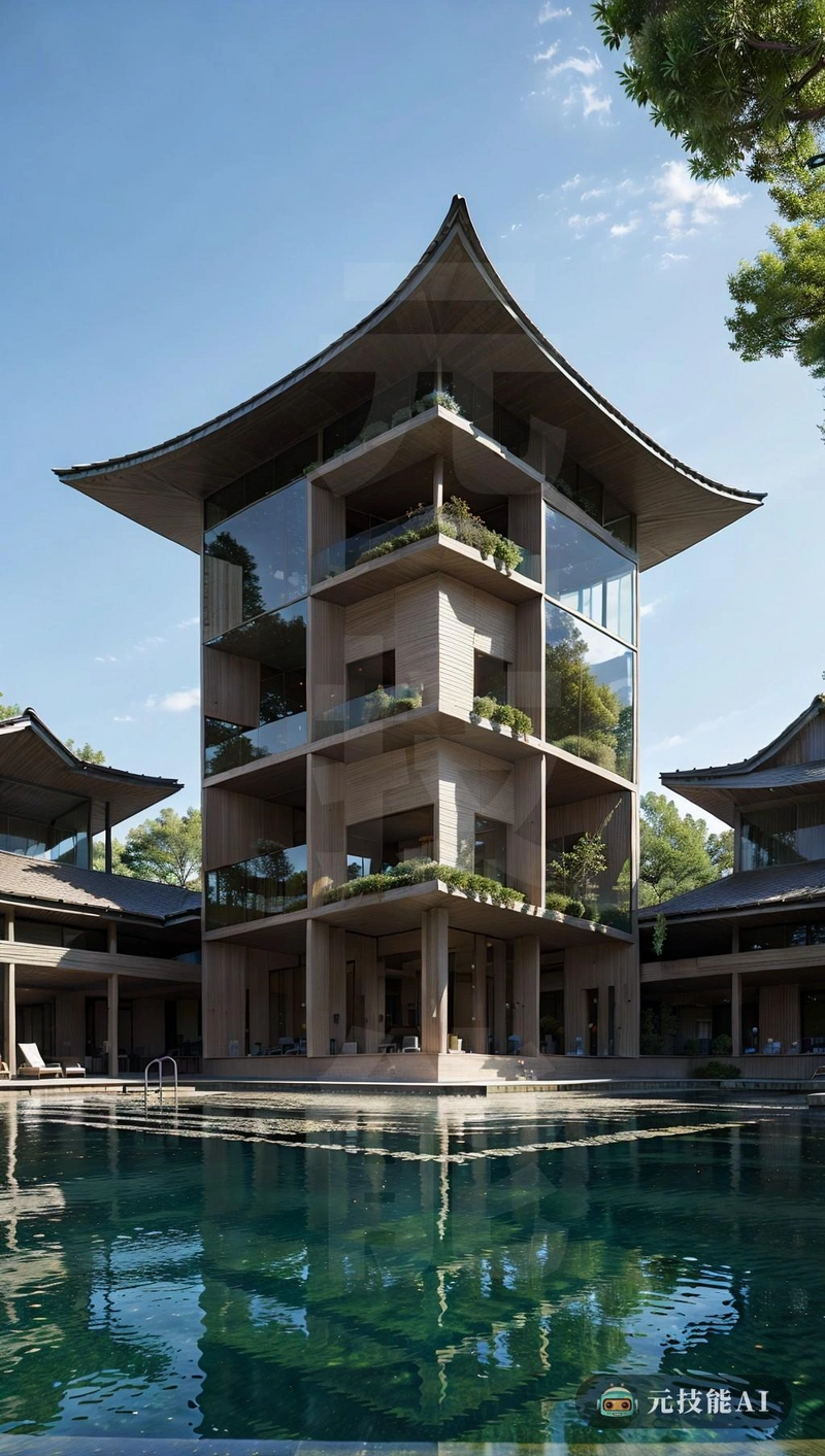 商业中心由建筑师约翰·波特曼设计，是当代建筑设计的一个引人注目的例子。它优雅地漂浮在水面上，似乎悬浮在半空中，其反射玻璃外观反映了周围的环境。建筑的正面是最少的国画，使用透明和透明的材料，营造出深度和层次感。结构的后现代造型既引人注目，又具有功能性，其弯曲的形状和棱角分明的线条完成了水的自然流动。商务中心是对现代与贸易和谐融合的考验，在设计中体现了两全其美