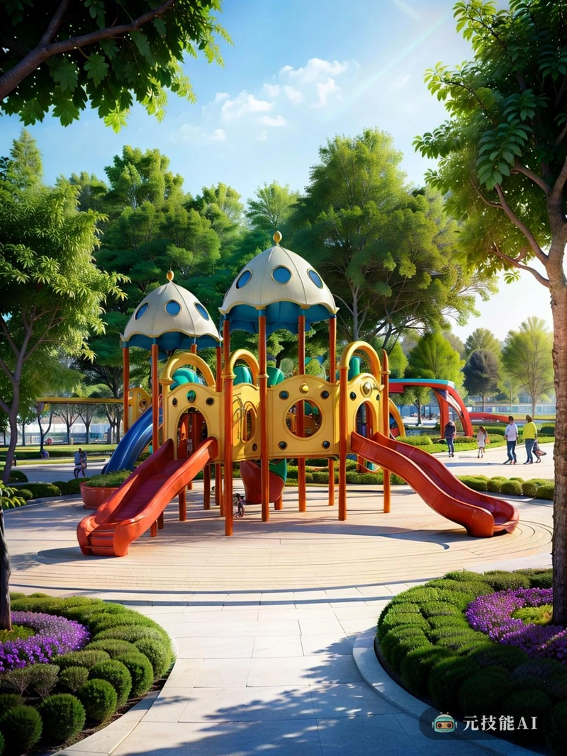 城市公园是城市中心一个充满活力的绿地，为居民提供了一个逃离城市生活喧嚣的天然绿洲。公园设计具有现代美学，具有时尚和极简主义的景观元素，与城市的天际线相得益彰。公园中心矗立着儿童游乐场，这是一个异想天开、色彩缤纷的世界，迎合了年轻人的想象力。游乐场采用优质反光金属材料建造，外观时尚现代。该设备设计成自由流动的曲线，邀请孩子们以创造性的方式攀爬、探索和玩耍。游乐场设备的彩虹色营造了一种欢快而诱人的氛围，使游乐场成为所有年龄段儿童喜爱的目的地。当阳光照射下来时，操场上的颜色闪闪发光，翩翩起舞，创造了一种神奇的效果，似乎将孩子们带入了一个童话和冒险的幻想世界。