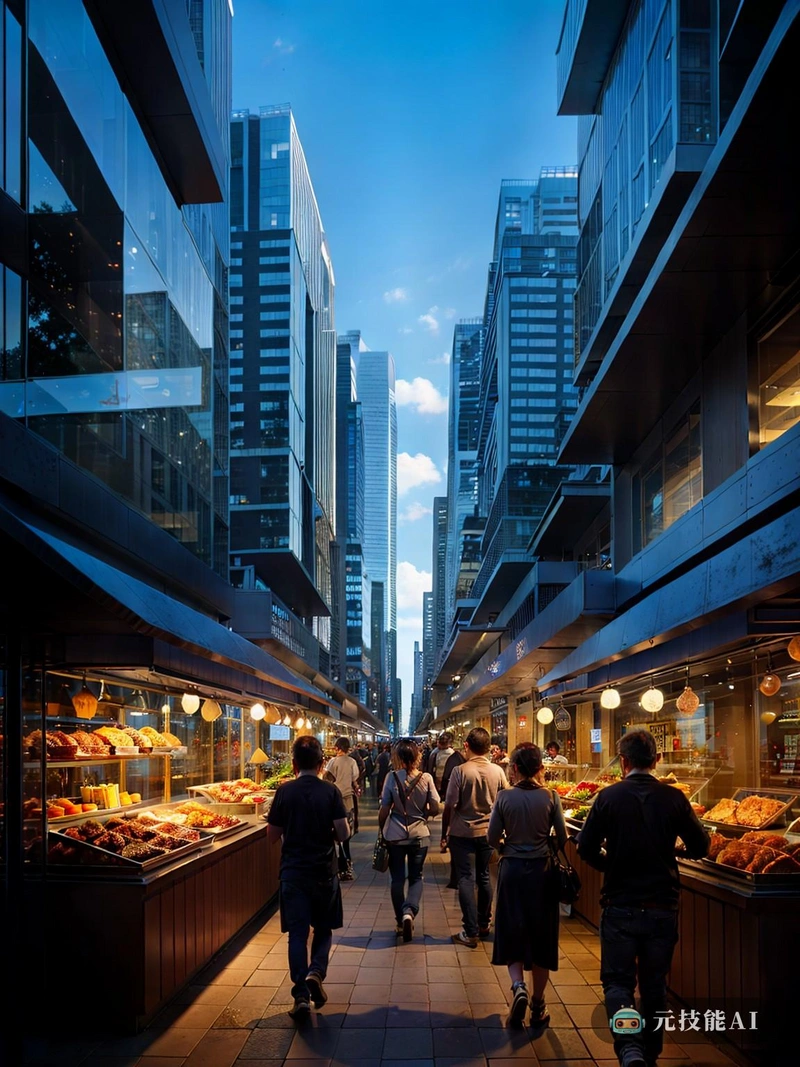 在这条熙熙攘攘的商业街的中心,人行道两旁排列着店面,橱窗里陈列着各色各样的商品。小贩们用街上的手推车叫卖他们的商品,大声叫卖以吸引路人。空气中弥漫着食品摊贩的香气,诱人的香料和滋滋作响的肉类混合在一起,吸引着饥饿的人群。购物者的欢声笑语与熙熙攘攘的街道融为一体,营造出一种欢快的杂音,活跃了气氛。钛金属摩天大楼高耸入云,其圆滑、棱角分明的线条与附近圆形、更有机的后现代建筑形成鲜明对比。参数化设计元素为城市景观增添了未来感,动态图案和复杂的细节给城市环境带来了运动感和活力。夏日的太阳从万里无云的天空照耀下来,金色的阳光沐浴在熙熙攘攘的街道上,散发出温暖诱人的光芒。这一场景生动地展现了现代生活最活跃、最乐观的形式。 在这条熙熙攘攘的商业街的中心,人行道两旁排列着店面,橱窗里陈列着各色各样的商品。小贩们用街上的手推车叫卖他们的商品,大声叫卖以吸引路人。空气中弥漫着食品摊贩的香气,诱人的香料和滋滋作响的肉类混合在一起,吸引着饥饿的人群。购物者的欢声笑语与熙熙攘攘的街道融为一体,营造出一种欢快的杂音,活跃了气氛。钛金属摩天大楼高耸入云,其圆滑、棱角分明的线条与附近圆形、更有机的后现代建筑形成鲜明对比。参数化设计元素为城市景观增添了未来感,动态图案和复杂的细节给城市环境带来了运动感和活力。夏日的太阳从万里无云的天空照耀下来,金色的阳光沐浴在熙熙攘攘的街道上,散发出温暖诱人的光芒。这一场景生动地展现了现代生活最活跃、最乐观的形式。
