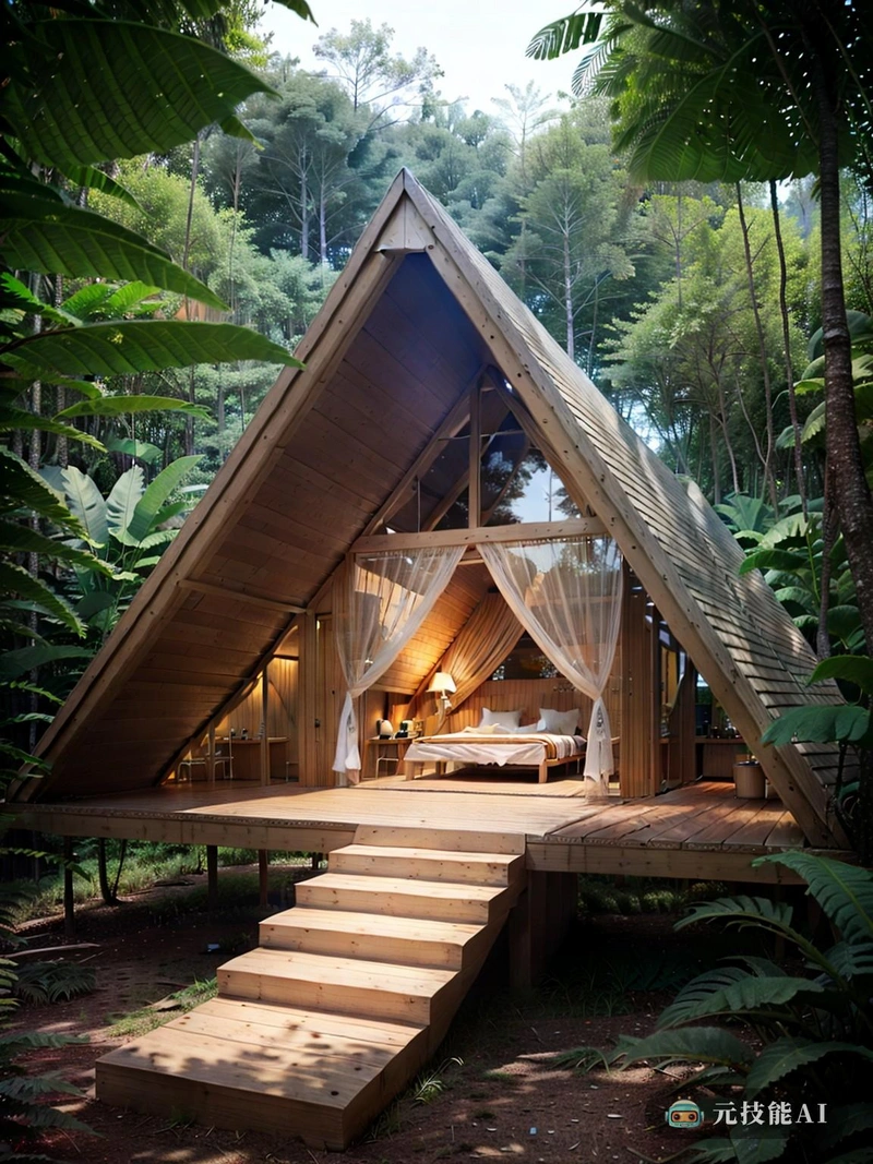 在热带雨林的中心，依偎在茂密的树叶和高耸的树木之间，有一个与众不同的露营地。这个营地是有机建筑的展示，与自然环境无缝融合。整个场地使用的铜与雨林的自然色调形成了美丽的对比，创造了一个温暖而诱人的氛围。营地设计中采用的有机建筑让人想起日本现代主义，其重点是简单，功能和与自然的和谐。这些结构的设计是为了融入景观，最大限度地减少对环境的影响，同时最大限度地提高与自然世界的联系。营地的特点是一系列的住宿选择，从传统的帐篷小屋到更豪华的选择与所有的家的舒适。每个小屋都以装饰艺术风格设计，在融合现代舒适和设施的同时，向这一标志性设计运动的丰富遗产致敬。在这里，你可以享受雨林的宁静氛围，同时也体验现代生活的奢侈品。营地提供了一系列的设施，包括一个水疗中心，无边泳池，和露天用餐区，所有的设计都是为了提高你的热带逃生。所以，来释放你的想象力，沉浸在这个美丽的热带雨林营地。在这里，你可以逃离日常生活的喧嚣，在雨林茂密的怀抱中寻找孤独、宁静和灵感。