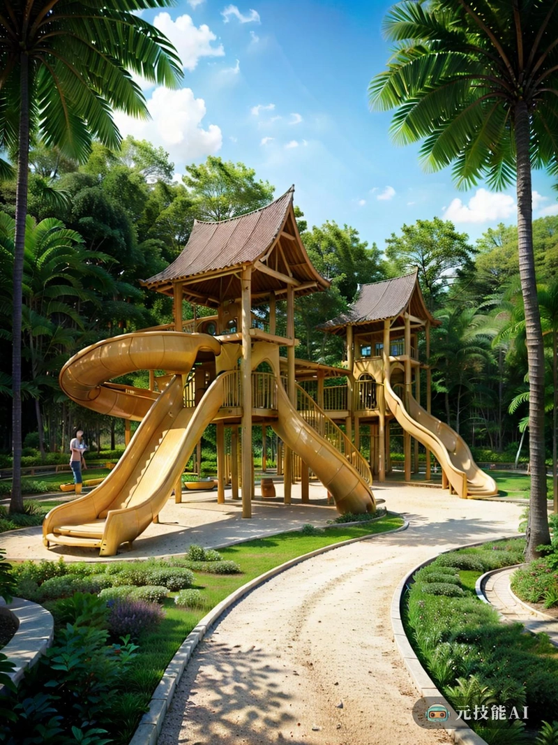 热带梦幻游乐场是一个独一无二的目的地，融合了热带雨林的自然美景和罗马式建筑的魅力。这是一个儿童和成人可以探索，玩耍，沉浸在热带天堂的地方。操场的解构式设计展示了竹子的自然强度和多功能性，竹子是建筑中使用的主要材料。操场的解构风格与自然环境无缝融合，创造了从操场的顽皮氛围到雨林的宁静环境的过渡。罗马式的元素，尤其是山墙屋顶，增添了一抹经典的优雅，与自然环境相辅相成。这个操场不仅仅是一个玩耍的地方;这是一种释放想象力的体验，让游客以一种全新的方式与自然联系。