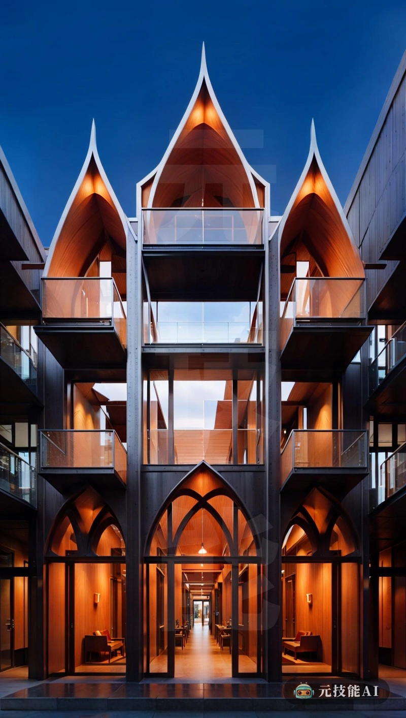这座住宅建筑群小心翼翼地站在平台上，这是对解构和概念设计的一次考验。它的外部覆盖着铝合金板，在一场既有哥特式风格又有抽象表现主义风格的角度和纹理游戏中捕捉到了光线。哥特式建筑的影响体现在指向天空的尖拱门和肥皂线上，而抽象表现主义在建筑的不对称立面中表现得很明显，并使用了负空间的维多利亚风格元素，如橙色阳台和丰富的窗户设计，为现代结构增添了一丝优雅和旧世界的图表。结果是，这座建筑不仅在视觉上引人注目，而且与地面和谐融合，建筑设计领域真正的艺术品