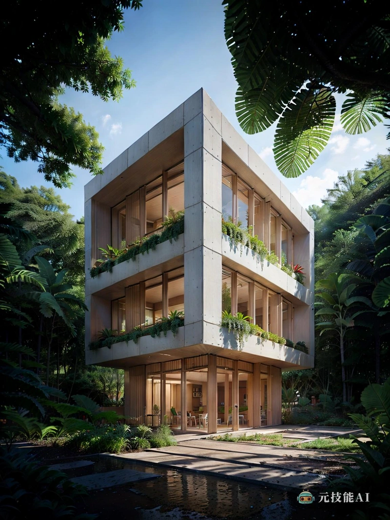 在南美热带雨林的中心，一个极简主义的混凝土结构从茂密的树叶中升起。该建筑采用解构主义风格，看起来像一系列相互连接的混凝土块，每一个都是独特而有趣的几何形状。石灰石和混凝土的使用使结构融入自然环境，创造了建筑与自然之间的和谐平衡。激进的方法，这个社会住房项目重新构想了可持续生活的概念。它拥抱了雨林的自然元素，利用充足的阳光和交叉通风来最大限度地减少能源消耗。该设计还在整个结构中融入了绿色空间和原生植物，进一步将其融入周围的生态系统。这个创新的社会住房项目不仅为居民提供了极简主义和现代的生活空间，而且作为与自然和谐相处的可持续发展的典范。