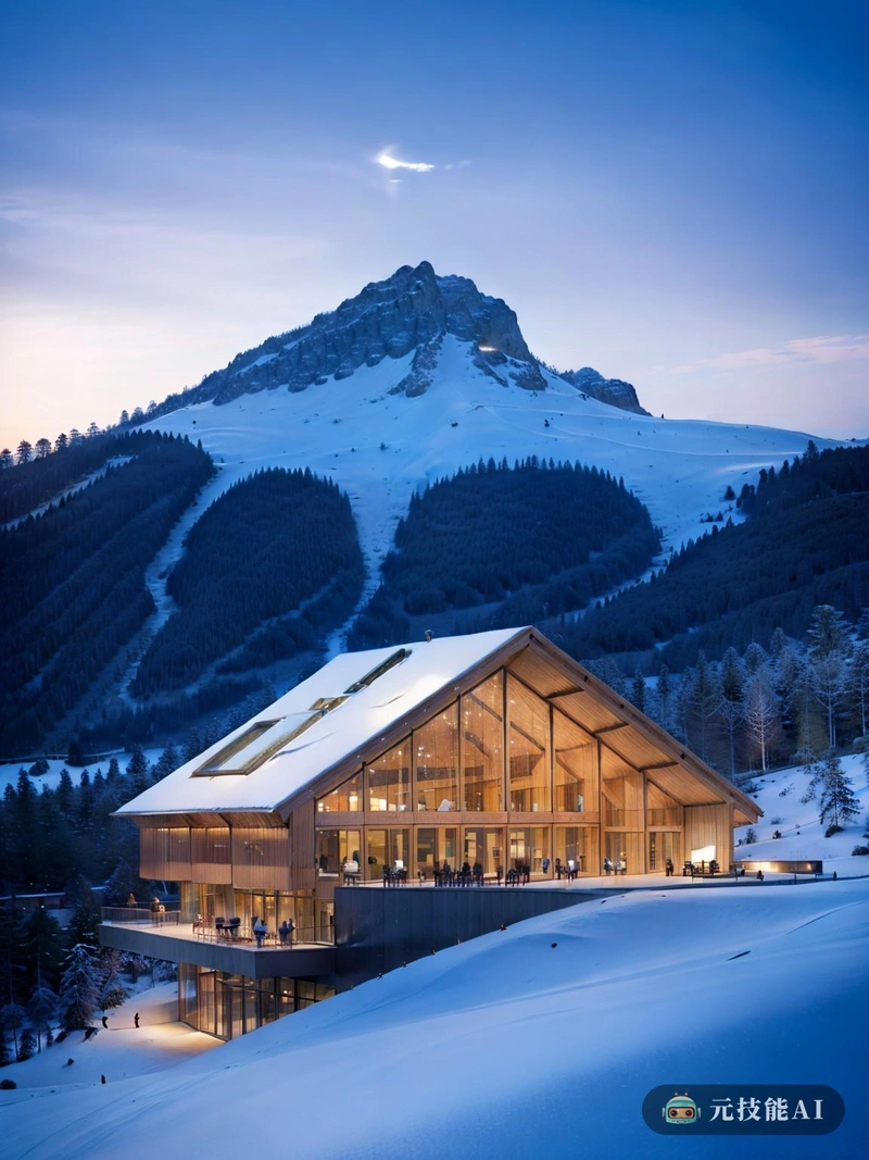 从鸟瞰图上看，科学滑雪山是一个令人惊叹的景观。其独特的设计与滑雪山的自然美景相得益彰，创造了人造和自然元素的和谐融合。瓷砖作为主要材料的使用为结构增添了温暖感和质感，增强了其视觉冲击力。