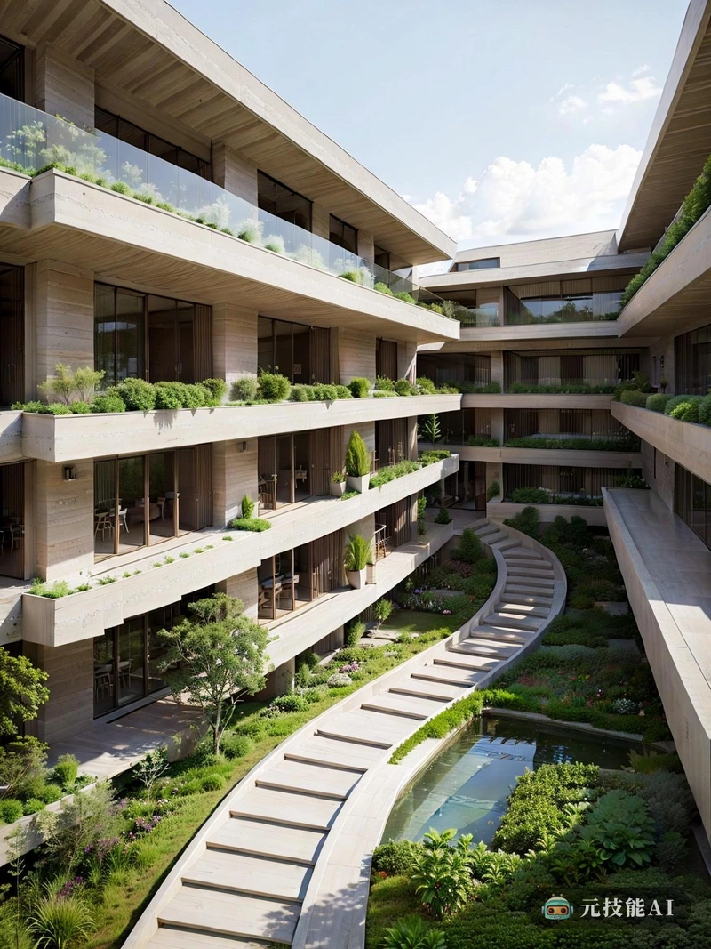 高科技社会住房综合体坐落在郁郁葱葱的绿色景观中，散发着现代感和可持续性。集群式布局营造了一种社区感，单元布置在共享的绿地和庭院周围。石灰石的使用增添了一丝自然之美，创造了高科技和绿色建筑的和谐融合。在室内，这些住宅采用了尖端技术，包括智能家居自动化和太阳能系统，以方便生活。
