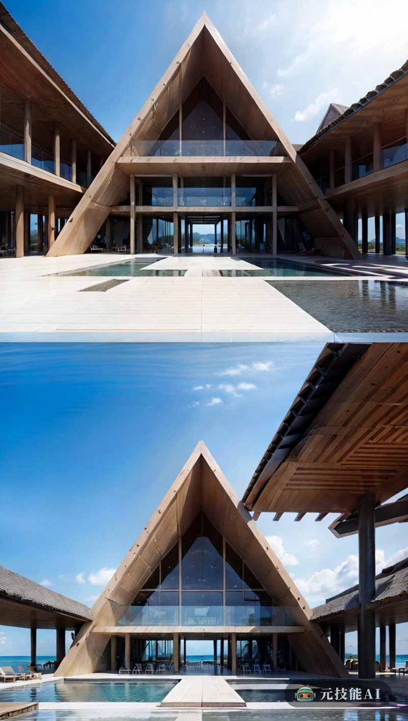 该建筑是一个极简主义和触觉材料重的结构，融合了玻璃纤维和动漫设计元素。屋顶是山墙式的，增加了建筑的整体美感。它有一种海滩度假的氛围，它的沿海位置和木材和石头等天然材料的使用。总的来说，这是一座独特而引人注目的建筑，融合了现代设计和传统建筑风格。