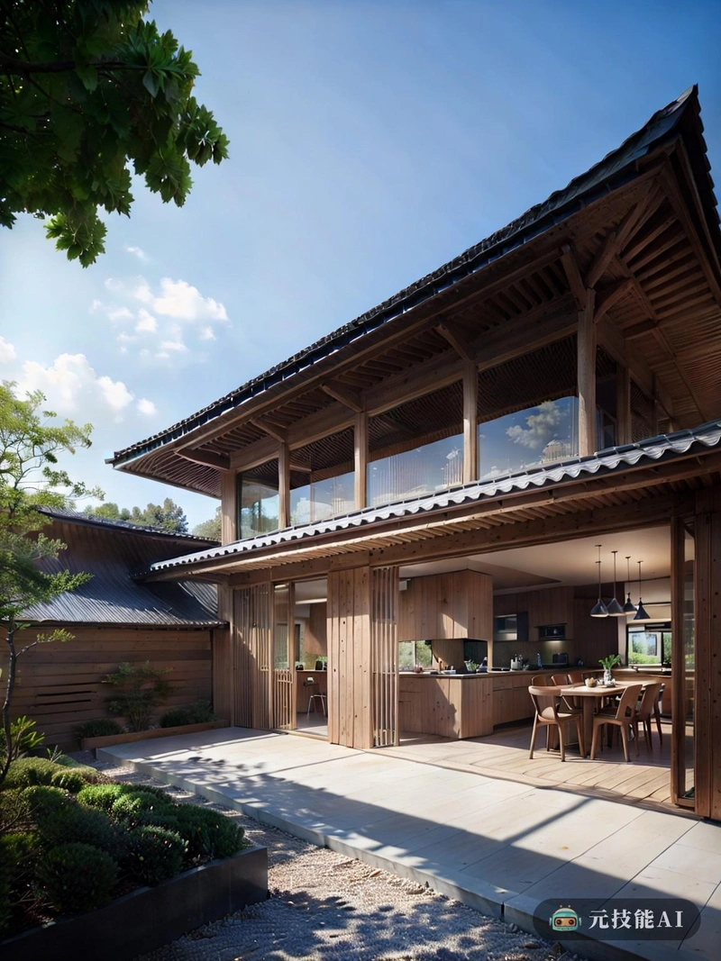 住宅公寓坐落在现代城市繁华的街道上，其时尚和可持续的设计在周围的城市景观中脱颖而出。建筑的立面由高科技膜结构材料制成，不仅提供了卓越的耐久性，而且允许自然光通过，创造了一个温暖而诱人的内部。这种材料通常与传统的日本建筑联系在一起，为当代设计增添了历史和文化的感觉。在照片的中心，一个山墙屋顶在城市天际线的映衬下显得格外显眼。其独特的设计与传统的日本建筑相呼应，以复杂的雕刻和极简主义的美学为特色。这个屋顶不仅为夏季的阳光提供遮阳，而且还将雨水引入可持续的集水系统。公寓的内部与外部一样令人印象深刻，最先进的技术无缝地融入了设计。从智能家居自动化到节能电器，每一个细节都经过深思熟虑，以促进可持续和舒适的生活方式。很明显，这座公寓建筑不仅仅是一个居住的地方，也是现代城市生活的象征，注重传统和可持续性。