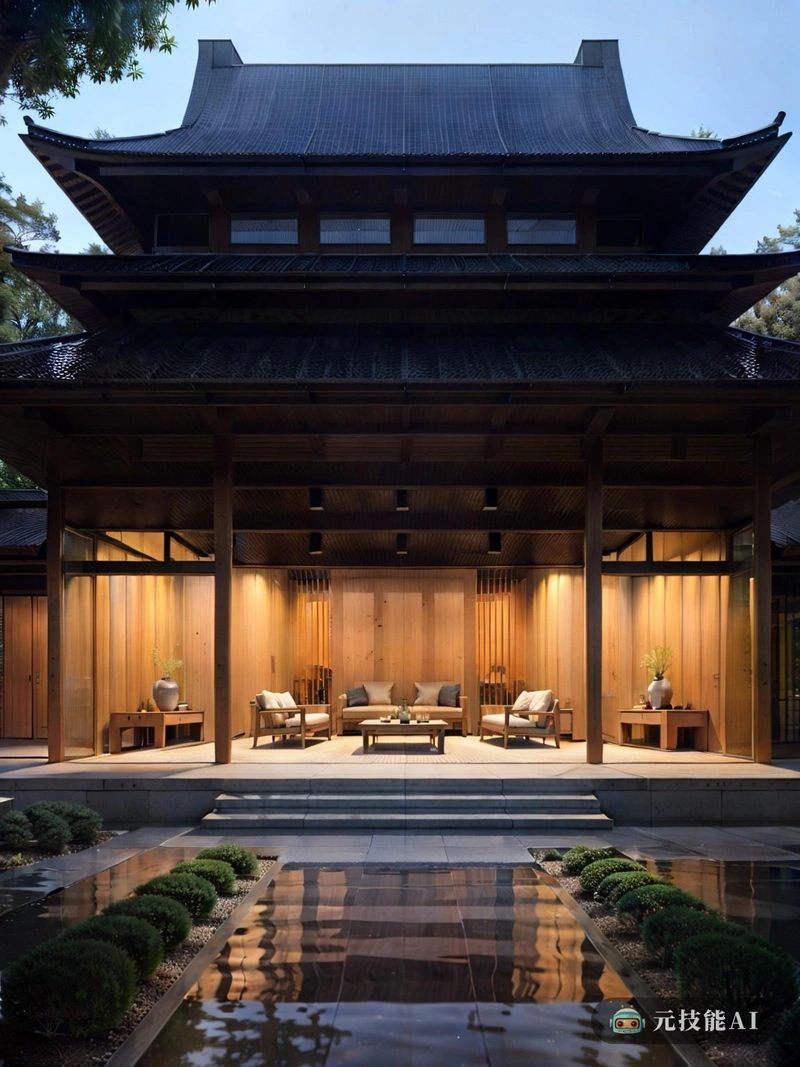 画面以历史建筑为主，散发着日本传统建筑的魅力。木材和茅草屋顶材料的使用使其具有质朴，朴实的外观，将其与过去几个世纪的根源联系起来。立面上错综复杂的雕刻和滑动木门增添了建筑的辉煌，充分说明了过去的精湛工艺。然而，这座建筑不仅仅是一座博物馆;它也是未来的预兆。高科技和可持续的设计元素无缝地融入传统的结构中。屋顶上的太阳能电池板收集清洁能源，而雨水收集系统保存水资源。镀锌钢板，一种通常与现代建筑相关的材料，被明智地用于覆盖一些部分，与天然木材形成鲜明的对比。这种传统和现代材料的融合不仅增强了视觉冲击力，而且保证了结构的寿命。文艺复兴风格，以其平衡，对称和对细节的关注而闻名，在建筑周围的景观中得到呼应。一个精心修剪的花园，对称地放置，增强了整体的审美情趣。总而言之，这幅图展示了历史建筑保护和可持续设计如何共存，创造一个新旧和谐的融合。这证明了我们有能力尊重和保护我们的过去，同时展望一个更可持续的未来。