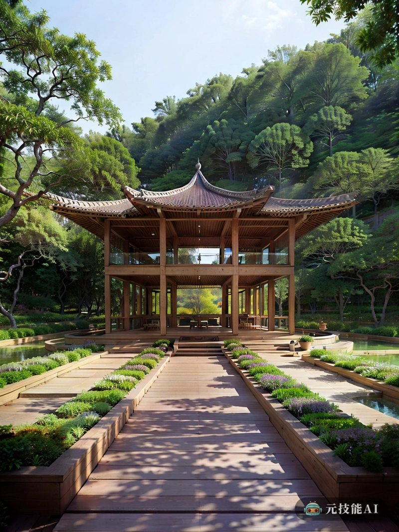 这张照片捕捉了一个宁静的植物园,坐落在风景如画的悬崖观景台上。花园是一个充满活力的植物挂毯,各种植物和树木和谐地排列在一起。悬崖观景台俯瞰花园,提供下面郁郁葱葱的绿色全景。现代凉亭式的桥面建筑,结构诚实,美观大方。甲板的设计以其复杂的雕刻和优雅的线条向莫卧儿建筑致敬。建筑中木材的使用强调了自然材料,给空间带来了温暖和熟悉感。现代主义元素在简洁的线条和简单的形式中显而易见,创造了一种极简主义的美学,补充了莫卧儿王朝的影响。植物园和悬崖观景台共同形成了一个宁静的逃避,游客可以在这里放松身心,沉浸在大自然中。现代主义与莫卧儿建筑的融合和亭台式甲板的自然木质创造了一个和谐的氛围,邀请人们流连忘返,享受植物园的宁静之美。 这张照片捕捉了一个宁静的植物园,坐落在风景如画的悬崖观景台上。花园是一个充满活力的植物挂毯,各种植物和树木和谐地排列在一起。悬崖观景台俯瞰花园,提供下面郁郁葱葱的绿色全景。现代凉亭式的桥面建筑,结构诚实,美观大方。甲板的设计以其复杂的雕刻和优雅的线条向莫卧儿建筑致敬。建筑中木材的使用强调了自然材料,给空间带来了温暖和熟悉感。现代主义元素在简洁的线条和简单的形式中显而易见,创造了一种极简主义的美学,补充了莫卧儿王朝的影响。植物园和悬崖观景台共同形成了一个宁静的逃避,游客可以在这里放松身心,沉浸在大自然中。现代主义与莫卧儿建筑的融合和亭台式甲板的自然木质创造了一个和谐的氛围,邀请人们流连忘返,享受植物园的宁静之美。