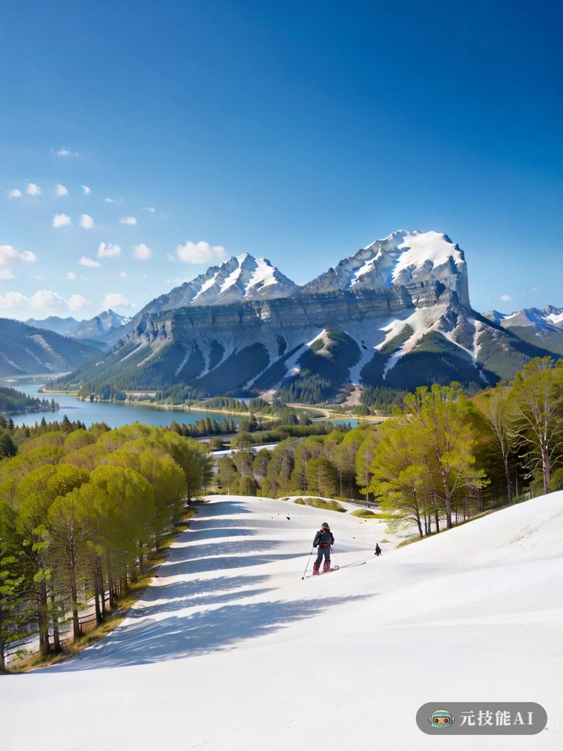 图为位于城市公园中心的一座滑雪山。公园里绿油油的，充满了生机，有各种各样的树、花和小动物。在背景中，陡峭的山峰被雪覆盖着。它为那些喜欢冬季运动的人提供了一个极好的滑雪和单板滑雪地点。滑雪山在公园的绿色背景下脱颖而出，创造了一种后现代的讽刺和复杂性，既有趣又发人深省。这张照片还以石灰岩悬崖和岩层为特色，增加了视觉上的乐趣，并提供了一种自然的宏伟感。这些石灰岩岩层呈锯齿形设计，不仅增加了视觉上的趣味性，也象征着自然世界的复杂性和深度。滑雪山和城市公园是一个完美的例子，如何人工和自然元素和谐共存。公园为城市提供了一个绿色的肺，而滑雪山提供了一个享受自然美景和宁静的机会。它们共同创造了一个充满活力和令人兴奋的场景，既具有视觉吸引力又有意义。