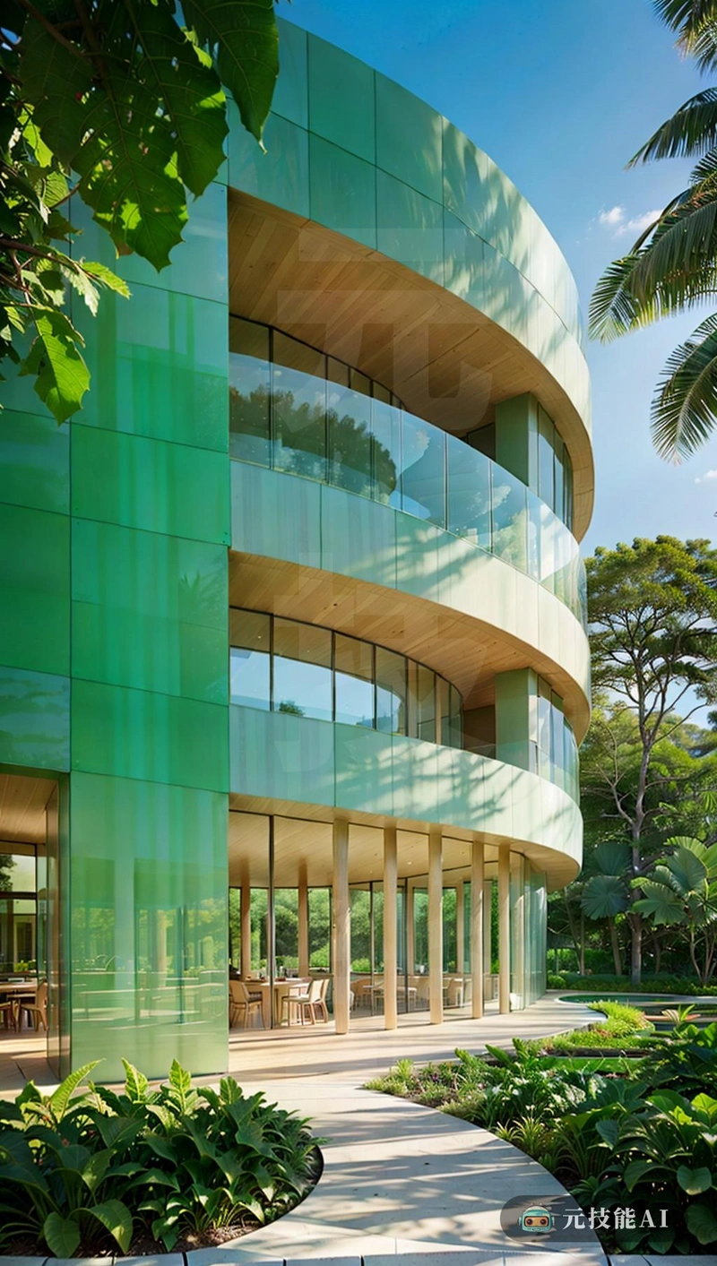 这座建筑的建筑设计灵感来自Richard Meier的风格，体现了自然与现代的完美和谐。它坐落在一个郁郁葱葱的植物园内，结构从周围的绿色中有机上升。它的外部覆盖着半球形的石灰岩，与自然环境无缝融合，看起来就像是被时间之手带走的石灰岩，风化成柔软的铜绿，反射着一天中不断变化的光线，创造了一种阴影，为立面增加了深度和质感