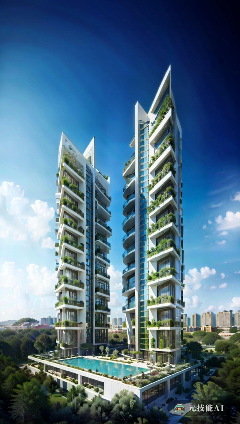 这座建筑的建筑设计突破了现代性的界限。从透视的角度来看，它是一个与周围环境无缝融合的住宅综合体。它的独特之处在于它的高科技学术园区，它不仅为居民提供了可持续的食物来源，还为整个建筑群提供了一个快速的绿色肺。双塔高高耸立，营造出一种反映现代设计精神的宏伟和舒适感。这些塔楼不仅仅是为了展示，而是为了提供周围地区畅通无阻的景色