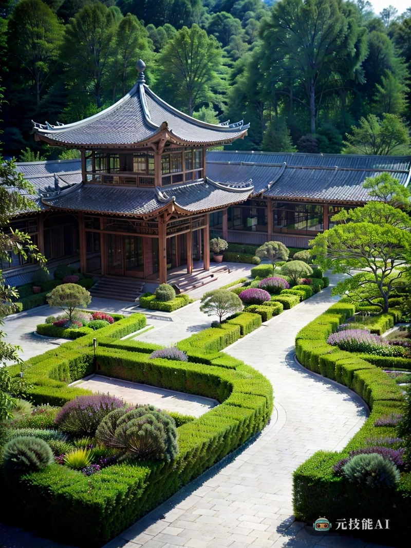 屋顶花园是东方花园设计的一个令人惊叹的展示，将传统元素与现代概念无缝融合。一个有翼的结构从中心升起，与中国传统建筑的优美线条相呼应。砖砌是中国建筑的标志性特征，在这里创造了复杂的图案和纹理，为空间增添了优雅和精致的气息。小径蜿蜒穿过成群的开花植物和郁郁葱葱的树叶，邀请游客在宁静的氛围中探索和迷失自己。屋顶花园为自然和建筑之间的和谐提供了一个独特的视角，使它成为任何欣赏两者之美的人必看的目的地。