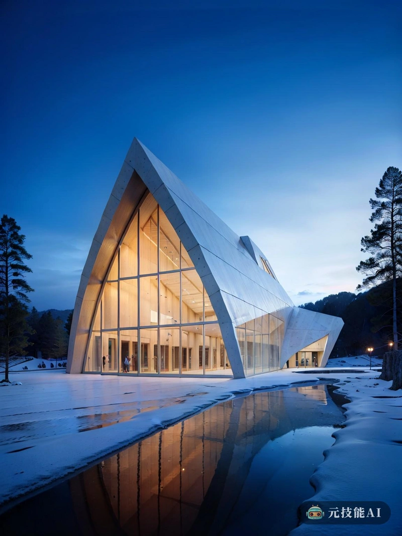 冰雪世界：反光学院是一所独一无二的教育机构，旨在与白雪覆盖的山脉无缝融合。锌涂层的外部与结冰的景观相得益彰，在人造结构和自然环境之间创造了视觉上的和谐。学院棱角分明的线条和光滑的表面散发出一种现代感，呼应了其大部分设计的现代艺术风格。在室内，学院开放通风的布局确保了自然光照射到每一间教室，在锌墙上投射出舞蹈般的倒影。这种照明效果不仅为学习环境增添了充满活力的元素，还增强了整体氛围，使学院成为一个真正独特和吸引人的学习场所。学院的文化项目补充了其教育内容，提供了丰富的文化体验，鼓励探索和发现。游客们被邀请深入研究学院举办的许多展览、表演和工作坊，让他们完全沉浸在学院充满活力的文化生活中。