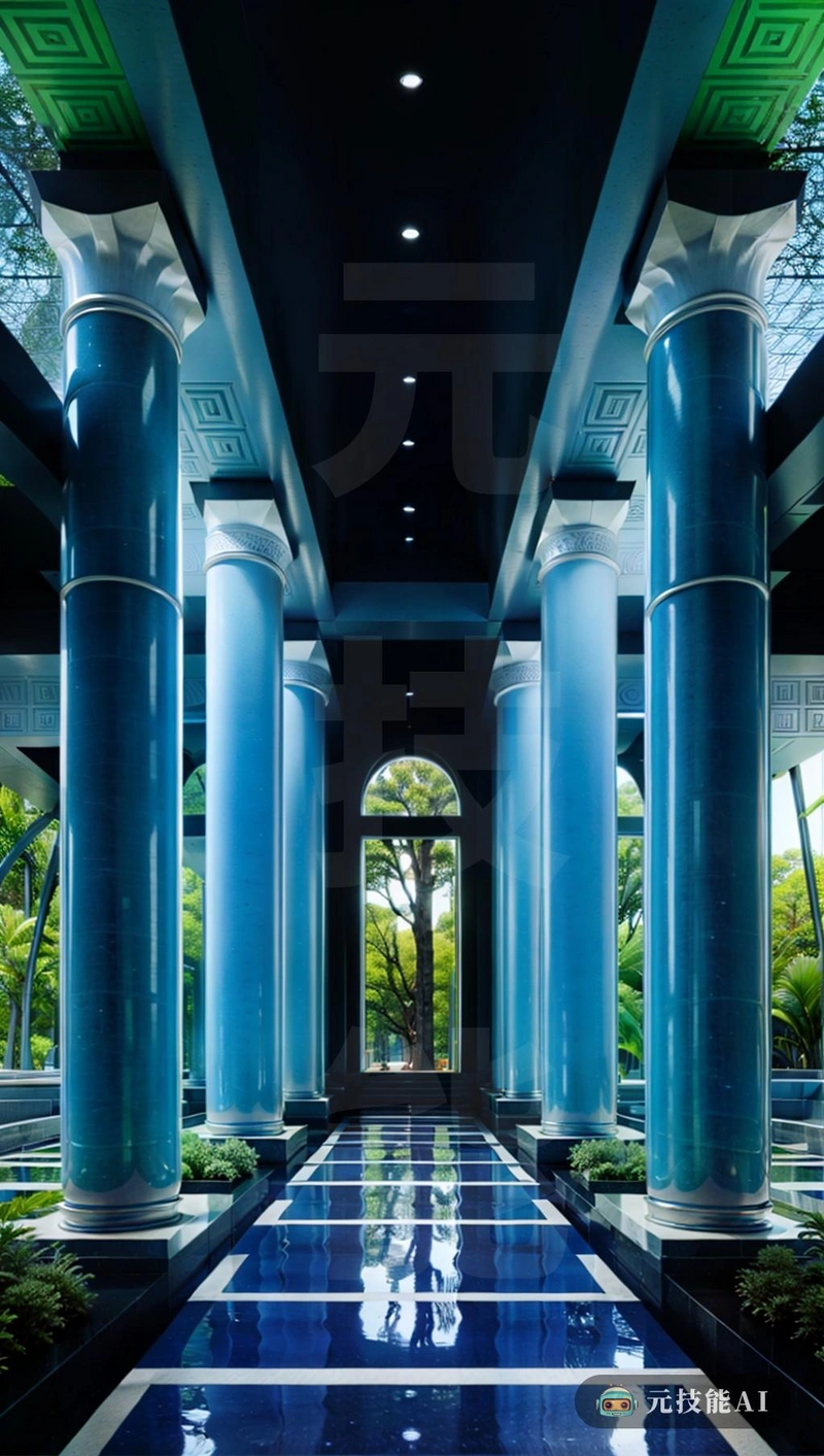 在热带雨林的深处，一个政府委托的营地脱颖而出，成为人类智慧和建筑大师的灯塔。这不是你的普通营地；这是一座摩天大楼的先驱，高耸在周围的绿色之上，但与环境和谐融合。这座建筑的名义设计是对建筑师技能的考验，将集成的马赛克与古典希腊建筑相结合。马赛克以蓝色和绿色的鲜艳色调，描绘了雨水的细节，将室外带到室内，希腊的影响在建筑的柱子和柱头上表现得很明显，为其提供了一个时间线元素。圆顶形屋顶，让人想起任何希腊台阶，为结构加冕，完成了新旧、自然和文明的和谐融合。这一建筑层次不仅仅是一个露营地；它象征着人类能够与自然和谐、美丽地共存