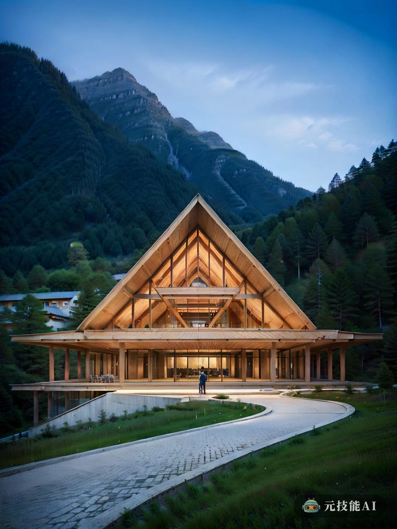 这幅图描绘了一座孤零零地矗立在滑雪山上的政府大楼，周围只有山区的自然美景。这座由竹子建造而成的非凡建筑不仅具有生态友好性，而且挑战了政府建筑要么简朴要么华丽的传统观念。建筑的设计是几何形状和有机形式的和谐融合，创造了一种既引人注目又舒缓的视觉冲击。罗马建筑强调秩序和比例，这可以从结构设计中看出，特别是在柱和拱门的使用上。这些元素增加了建筑的尊严感和重量感，与它的山脉环境相辅相成。然而，这座建筑的野兽派造型真正使它与周围环境区别开来。棱角分明，毫不妥协，它像灯塔一样从山上升起，与自然曲线和景观轮廓形成鲜明对比。旧世界的影响和现代设计的结合，以滑雪山为背景，创造了一个不仅视觉上引人注目，而且发人深省的形象。