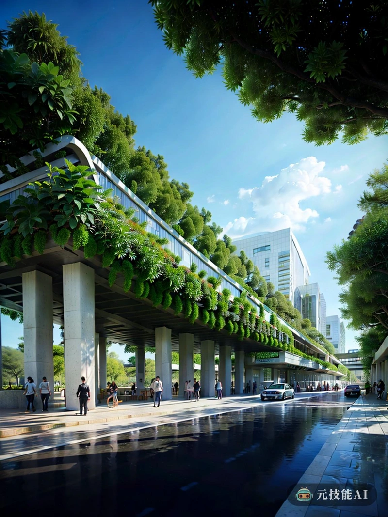 这幅图描绘了一个充满活力的高科技生态城市,无缝融合了意大利的理性主义和现代主义。现场的焦点是公交车站,一个圆滑的现代结构,呼应了国际现代主义的简洁线条和功能。它的设计既实用又美观,是技术与自然和谐融合的证明。车站的格状结构不仅提供了遮阳和庇护,还勾勒出远处郁郁葱葱的绿色植物和蓝天,强调了城市与自然世界的联系。城市景观被郁郁葱葱的热带树叶所覆盖,竹子和其他植物在城市维护良好的街道上茁壮成长。这种自然元素与高耸于其上的时尚高科技建筑形成了鲜明的对比,创造了一种既现代又生态的独特感觉。这幅图暗示了科技与自然和谐共存的未来,城市的设计同时考虑到功能和美观。这是一个既环保又具有前瞻性的可持续未来的愿景,一个人们可以与自然和谐相处的生活、工作和娱乐的地方。 这幅图描绘了一个充满活力的高科技生态城市,无缝融合了意大利的理性主义和现代主义。现场的焦点是公交车站,一个圆滑的现代结构,呼应了国际现代主义的简洁线条和功能。它的设计既实用又美观,是技术与自然和谐融合的证明。车站的格状结构不仅提供了遮阳和庇护,还勾勒出远处郁郁葱葱的绿色植物和蓝天,强调了城市与自然世界的联系。城市景观被郁郁葱葱的热带树叶所覆盖,竹子和其他植物在城市维护良好的街道上茁壮成长。这种自然元素与高耸于其上的时尚高科技建筑形成了鲜明的对比,创造了一种既现代又生态的独特感觉。这幅图暗示了科技与自然和谐共存的未来,城市的设计同时考虑到功能和美观。这是一个既环保又具有前瞻性的可持续未来的愿景,一个人们可以与自然和谐相处的生活、工作和娱乐的地方。