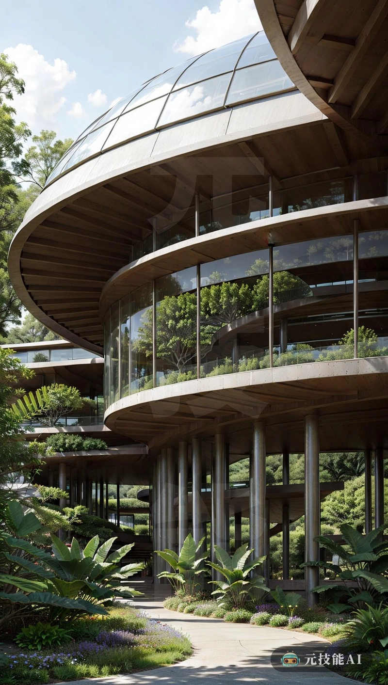 Frank Lloyd Wright的影响可以从这座建筑的设计中看出，它无缝地融合了艺术空间和热带植物园。这座建筑重新组合成椭圆形，覆盖着锌，这是对Wright对天然材料的喜爱，以及它们随着时间的推移优雅地经受天气的能力的认可，每一个细节都经过精心考虑，以增强其整体美感和目的热带植物园环绕着艺术空间，提供了一个充满活力的背景，完成了极简主义的锌外墙。这些元素共同创造了一个系列而鼓舞人心的环境，既从视觉上开始，又与周围环境紧密相连