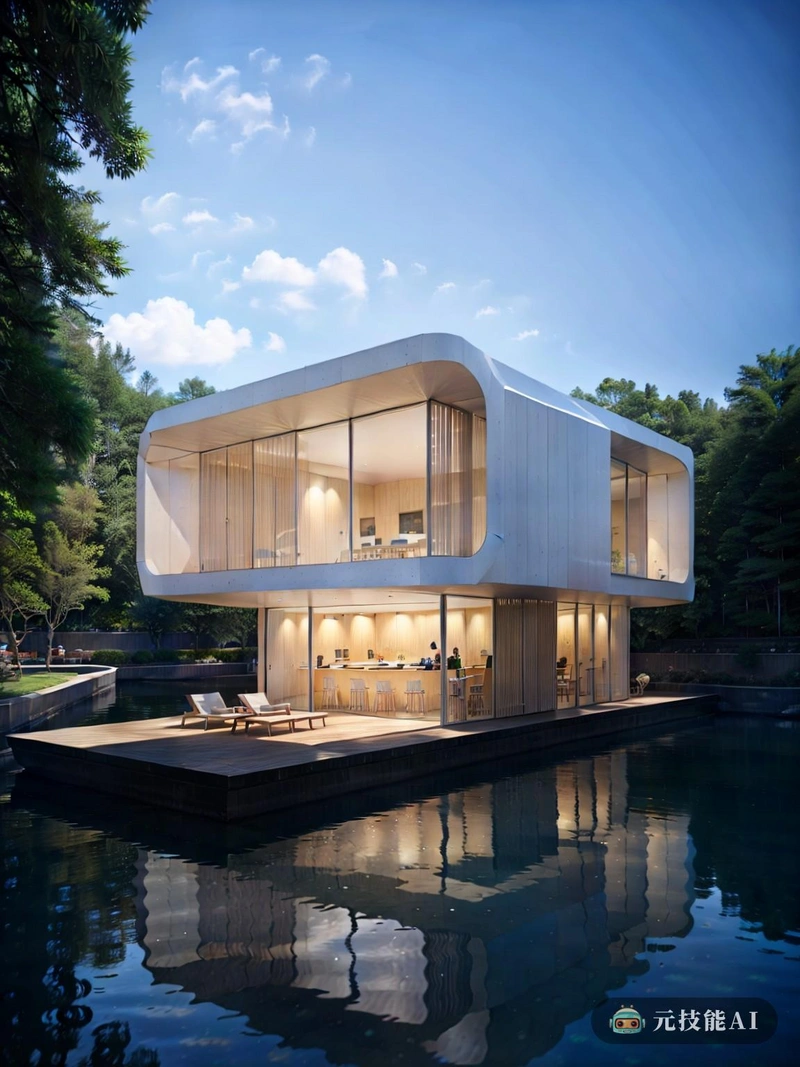 浮动现代主义公寓是一座住宅楼，以其独特的设计和材料脱颖而出。它漂浮在水面上，提供了一种新颖而可持续的生活方式，模糊了建筑与自然之间的界限。该设计是现代主义和结构诚实的结合，展示了简单和功能之美。铝合金结构不仅坚固轻便，还能反映周围环境，增强建筑的视觉冲击力。这种材料的选择让人想起斯大林主义建筑，一种重视功能和工业材料的风格。公寓的设计还结合了参数化设计原则，这是一种使用先进软件创建复杂图案和形状的尖端方法。这种技术允许更大的灵活性和定制性，确保建筑的每个细节都适合其特定的环境和居民。漂浮的现代主义公寓提供了一个独特的生活体验，结合了最好的现代建筑与接近自然的宁静。这是一个富有远见的项目，挑战了传统的住宅观念，使其成为建筑爱好者和那些欣赏技术与设计融合的人的必看之处。