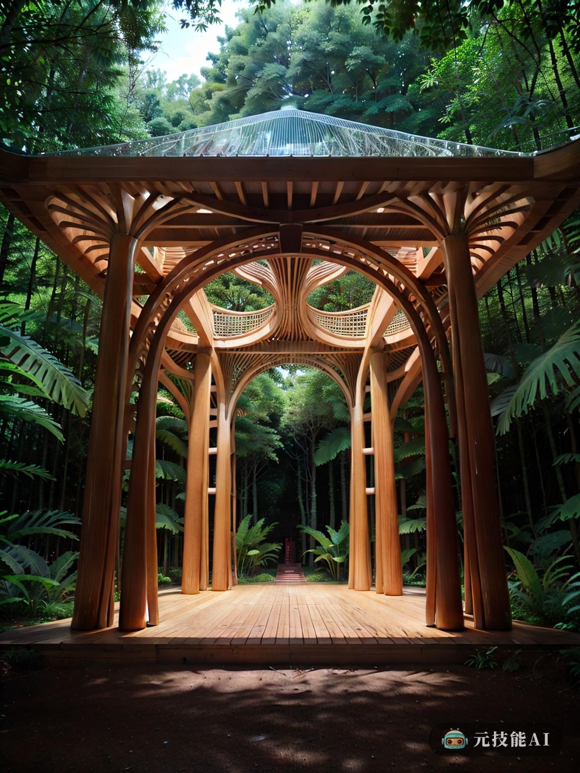 在南美热带雨林的中心，一座木结构建筑是自然与艺术结合的见证。设计的新艺术风格，其标志性的格拉斯哥风格，复杂的雕刻和繁复的让人想起美丽的发现在大自然。木结构似乎发出半透明的光芒，让雨林的自然光在其表面跳舞，照亮其复杂的细节。就好像这张图片捕捉到了“旋转理论”。木结构与环境无缝融合，与雨林融为一体。这幅画呼吁观众释放他们的想象力，超越显而易见的东西，进入艺术与自然之间隐藏的联系。