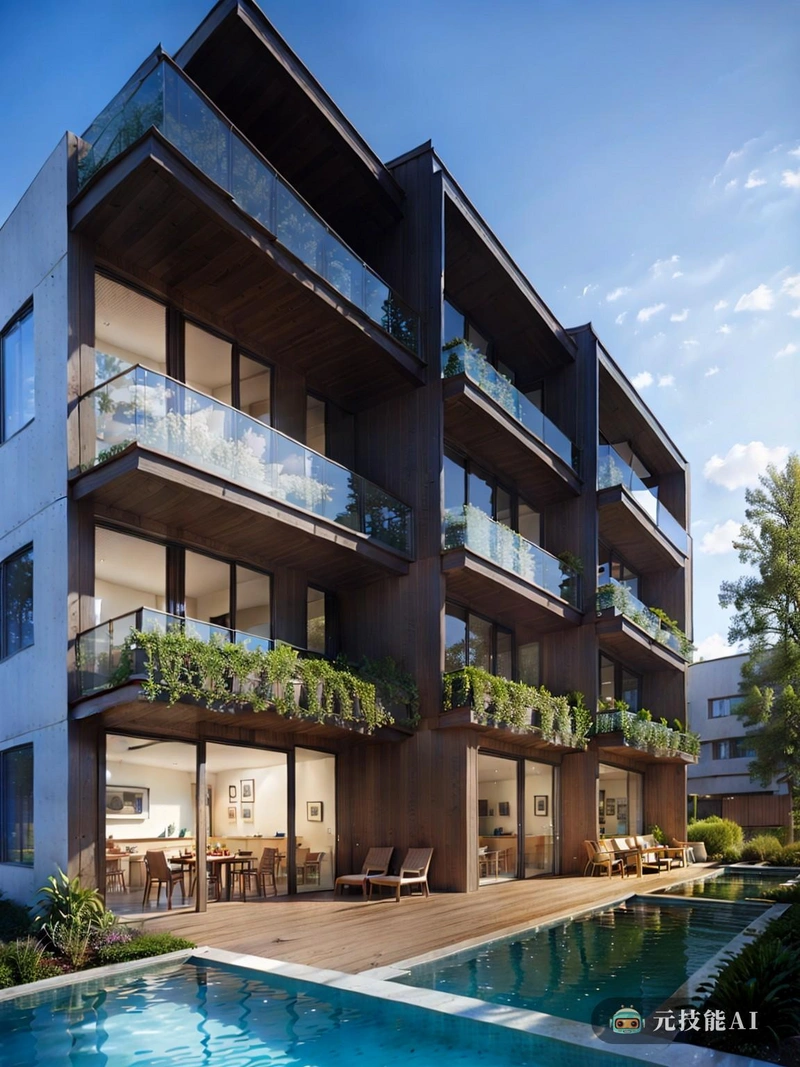 在高科技生态城市的中心矗立着一座住宅公寓楼。现代主义设计注重功能性和趣味性，散发出极简主义的优雅感。光滑的钢结构不仅提供了结构支撑，而且还作为耐久性和强度的象征。山墙屋顶让人想起传统设计，提供了一丝保守主义，与融入公寓特色的先进技术形成鲜明对比。该公寓楼是生态意识开发的一部分，优先考虑可持续性和能源效率。它无缝地融入了城市的绿色景观，以郁郁葱葱的花园和提供清洁能源的太阳能电池板为特色。钢铁这种可持续材料的使用进一步减少了碳足迹。在公寓内，居民可以享受舒适和现代化的生活空间。开放的平面设计促进了自然光线的自由流动，增强了生活区的宽敞和通风。智能家电和自动化系统等高科技功能无缝集成到设计中，使生活更加便利和节能。居民还可以使用一系列的设施和设施，包括健身房，游泳池和社区花园。公寓大楼提供了一个充满活力的社交环境，邻居们可以在这里互动和分享他们的经历。这座住宅公寓大楼是高科技生态城市如何提供理想生活环境的一个例子，它将现代设计与可持续性和社区精神相结合。