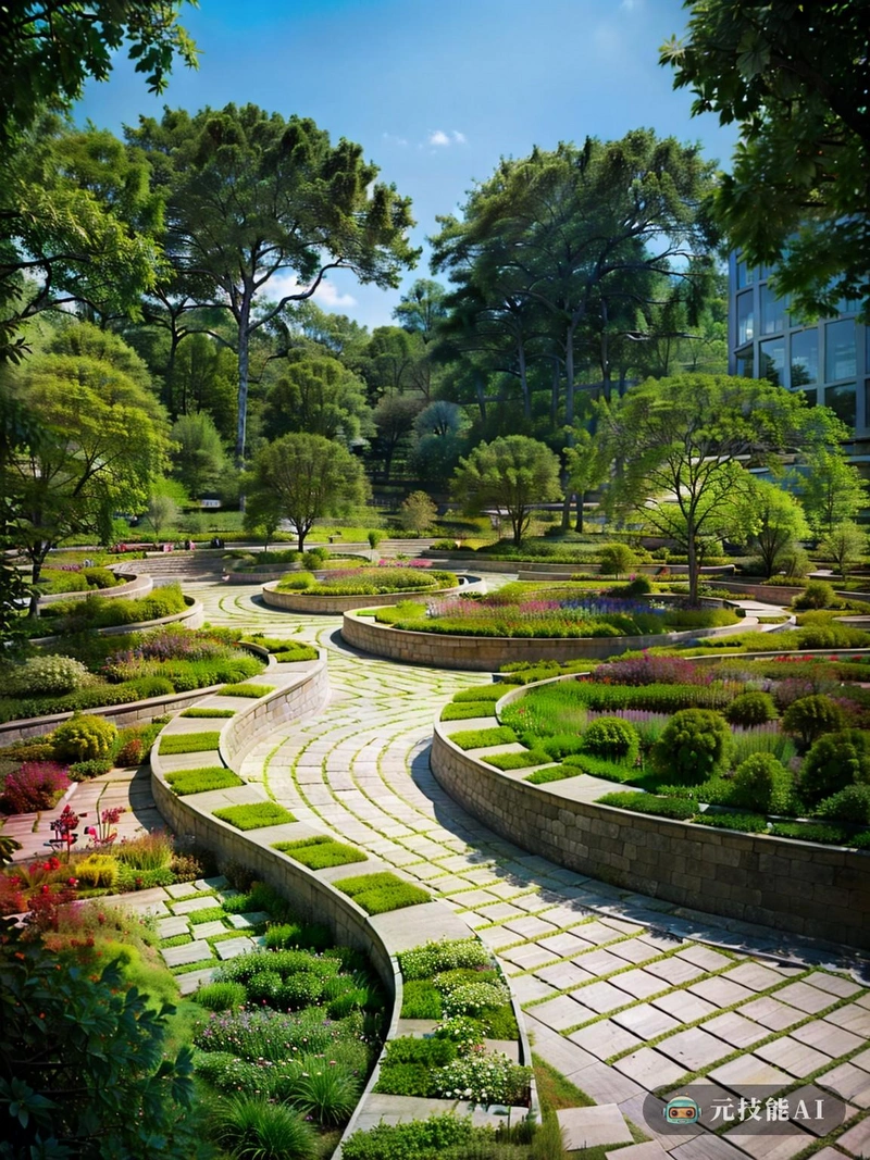 这幅画描绘了一座位于现代城市中心的郁郁葱葱、色彩缤纷的植物园。花园周围环绕着中世纪的现代建筑，线条简洁，低调优雅。建筑采用薄膜结构材料建造，允许自然光透过，同时提供必要的结构支撑。花园本身就是城市中充满活力的绿洲，各种植物和花卉在其受保护的环境中茁壮成长。曲折的走道穿过花园，邀请游客探索不同的区域，欣赏不同的植物生活。从花园的中央凉亭，游客可以眺望城市的天际线，新古典主义建筑占主导地位。这座城市的摩天大楼和纪念性建筑与植物园的自然美相得益彰，创造了人造和自然元素的和谐融合。