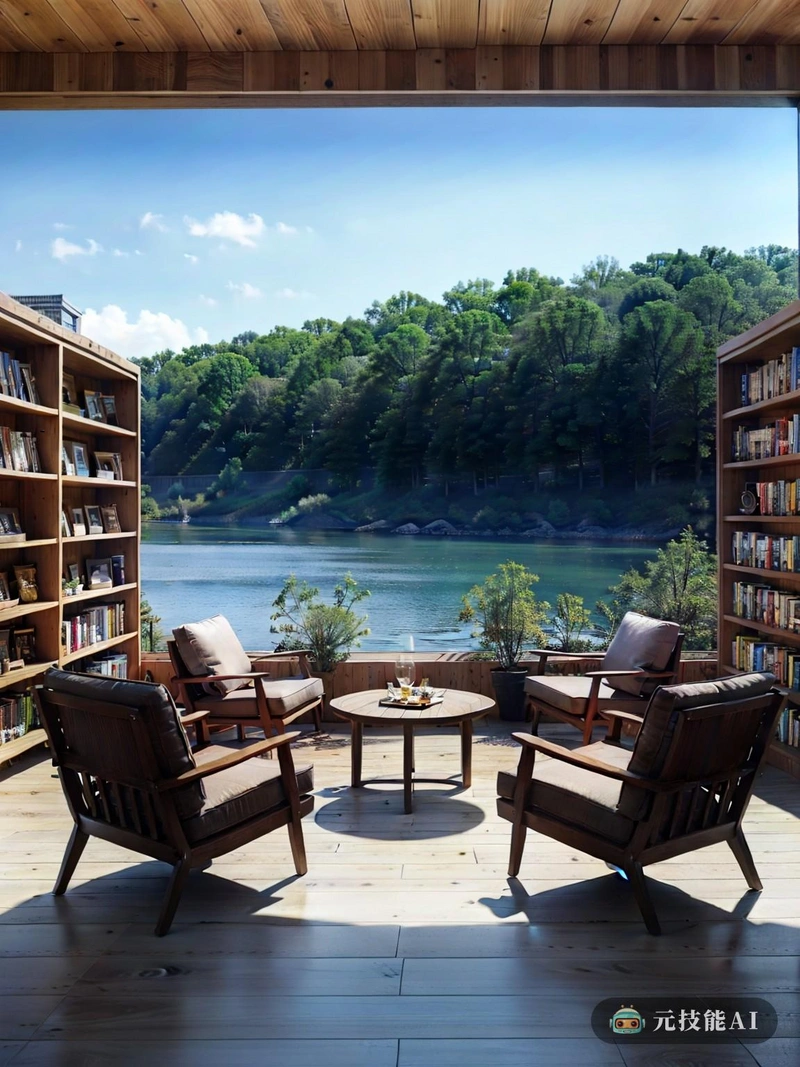 在夏日的阳光下，湖边的书店是一个充满活力的活动中心。店内装饰着中世纪的现代家具和照明，营造出舒适诱人的氛围。书架上摆满了各种各样的书，从畅销书到更小众的书。顾客可以在闲暇时阅读书籍，也可以在咖啡厅喝杯咖啡，读一本好书。在外面的湖边，篝火噼啪作响，为游客提供了一个温暖而受欢迎的地方，让他们聚集在一起，分享他们的故事。无论你是一个爱书的人还是一个路过的人，湖边的书店都能为你提供一种兼具文化和自然的独特体验。