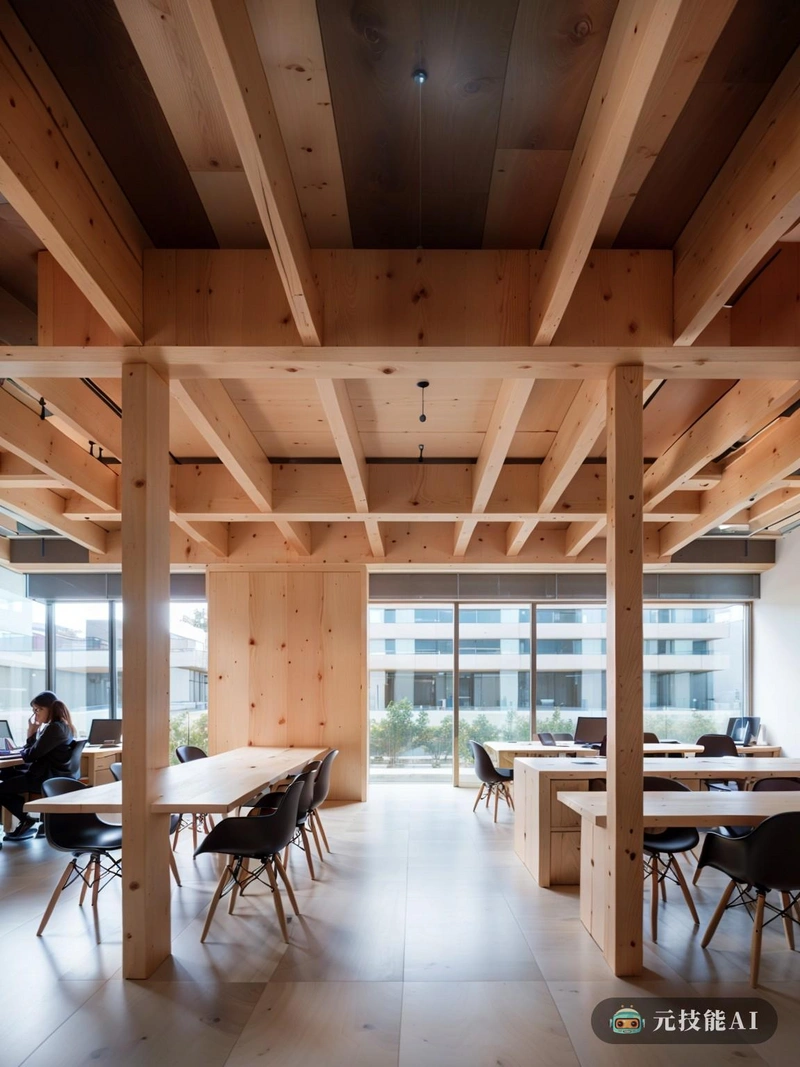 在高科技生态城市的中心，一个极简主义的混凝土联合办公空间成为创新和协作的灯塔。建筑采用木结构设计，散发出温暖和自然的感觉，与周围的混凝土建筑形成鲜明对比。穿孔的建筑创造了一个动态的立面，允许自然光过滤并照亮室内的工作空间。悬臂式结构增加了现代性和功能性，为个人和团队提供了工作空间。这个联合办公空间是极简设计、生态可持续性和技术进步的完美结合，使其成为城市中心创意和协作的理想场所。