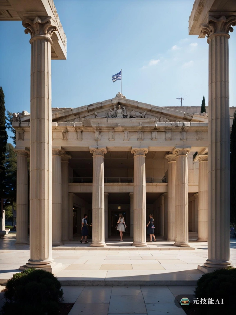 这个形象主要是一个门廊，一个融合了古希腊建筑和现代波特兰水泥的结构。柱廊是希腊建筑经久不衰的见证，它的柱子和装饰呼应了古代的宏伟。然而，门廊的材料是非常现代的，波特兰水泥与希腊元素的古典主义形成鲜明对比。这种新旧、传统与当代的并列，暗示了我们这个时代的后现代讽刺。门廊那边熙熙攘攘的城市是一片繁忙的景象，人们来来往往，车辆鸣笛，商店在宣传他们的商品。这个场景概括了现代世界城市生活的复杂性，旧与新，熟悉与陌生，在动态平衡中共存。门廊本身是一个水晶形状，它的波特兰水泥表面将光线折射到无数个方向。这种光影的发挥增加了图像的深度和戏剧性，进一步增强了它的视觉冲击力。这个门廊象征着我们的社会有能力接受复杂性和讽刺，从过去的废墟中打造一个新的身份。