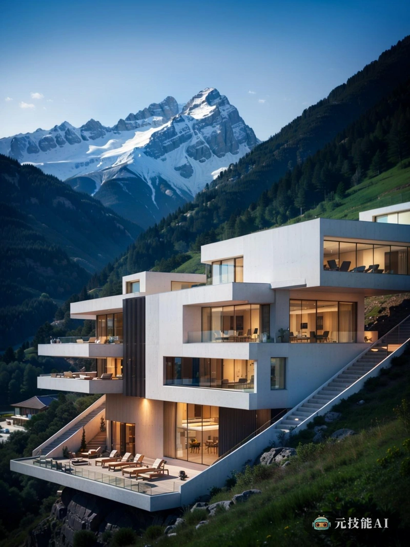 这幅画描绘了以山脉为背景的现代建筑的壮观景象。该度假村是实验性设计的展示,将工业建筑与可持续原则相结合。结构看起来很轻,但坚固,利用先进的膜结构材料。这些材料具有优异的抗拉强度、耐久性和耐候性,非常适合山区环境。 这幅画描绘了以山脉为背景的现代建筑的壮观景象。该度假村是实验性设计的展示,将工业建筑与可持续原则相结合。结构看起来很轻,但坚固,利用先进的膜结构材料。这些材料具有优异的抗拉强度、耐久性和耐候性,非常适合山区环境。