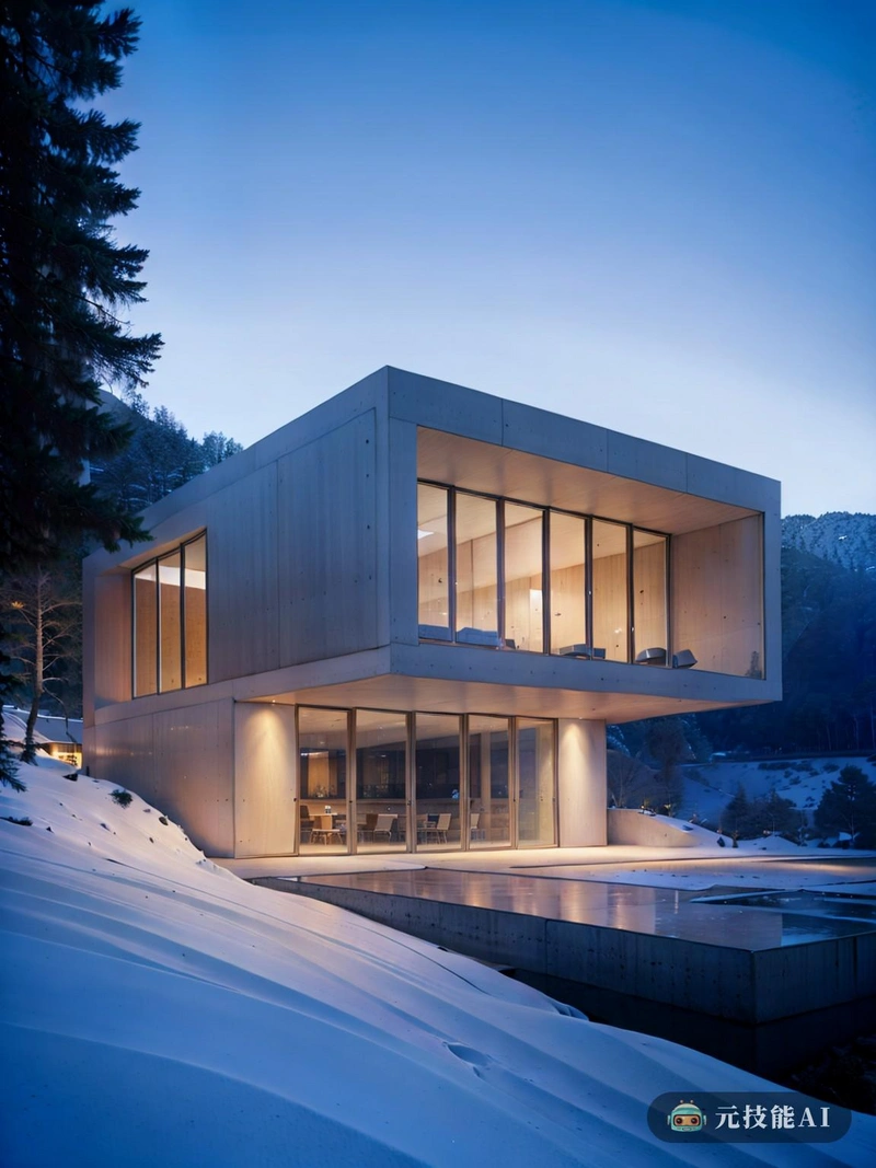 在高山的宁静和白雪皑皑的环境中，极简主义的混凝土和铝合金结构是现代建筑的证明。建筑以其复杂的分层设计，似乎与自然景观融为一体，体现了有机建筑的精髓。混凝土和铝合金与雪山和谐地融合在一起，创造了一个既迷人又令人惊叹的视觉奇观。该建筑的设计是极简主义和功能的完美结合。简洁的线条和没有不必要的装饰给结构带来简单和纯粹的感觉。混凝土和铝合金的使用给人一种强度和耐久性的感觉，确保建筑能够承受这些因素。建筑的分层设计与自然景观相得益彰。混凝土和铝合金的交替层模仿了自然界的模式，在人造结构和山脉之间创造了视觉上的联系。建筑的设计还结合了有机元素，与自然环境无缝融合。这幅画抓住了现代建筑的精髓及其与自然的关系。它展示了人造材料和自然元素如何结合在一起，创造出一个既具有视觉吸引力又具有功能的和谐整体。在高山的宁静环境中，这种极简主义的混凝土和铝合金结构证明了现代建筑与自然世界融合和补充的潜力。