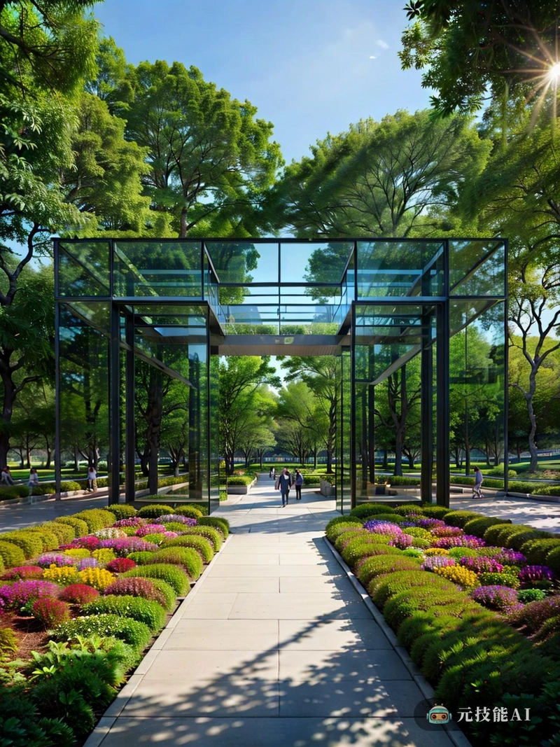 这幅图描绘了中央公园，一个充满活力的城市绿地，以其独特的设计脱颖而出。公园被几何形状的墙包围着，它的角度和直线与内部的自然景观形成鲜明的对比。这堵墙不仅仅是为了炫耀;它作为一个边界，保护公园的内部免受外部城市的喧嚣。公园的玻璃涂层设施是现代设计和技术的证明。这些光滑透明的结构允许自然光透过，创造出空灵和梦幻般的氛围。玻璃涂层的墙壁也提供了公园郁郁葱葱的树叶和美丽的花朵的奇妙反映，进一步增强了视觉体验。中央公园的设计不仅仅是为了美观;它还有一个实际的目的。曲折的路径鼓励探索，并为游客提供穿越公园的独特方式。这些小路通向隐蔽的角落和缝隙，即使在城市的中心也能提供一种隐私和宁静的感觉。公园的罗马式建筑为现代设计增添了一丝古典主义，创造了新旧和谐的融合。错综复杂的建筑细节增添了视觉上的乐趣，并将目光吸引到地平线上，那里的摩天大楼和城市繁华的街道等待着你。中央公园不仅仅是一个放松身心的地方;它也是文化和娱乐的目的地。公园的设施包括各种各样的景点，如圆形剧场、儿童游乐场，甚至还有一个小咖啡馆，游客可以在这里一边喝咖啡，一边欣赏周围的美景。中央公园不仅仅是一个绿地;它是一个城市绿洲，把人们聚集在一起，享受自然、文化和社区的简单快乐。