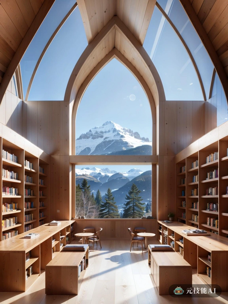 在高山的中心，在白雪皑皑的山峰和茂密的森林之间，坐落着一座迷人的图书馆。该建筑的设计是传统与现代建筑的完美结合，以砖混结构为特色，与周围景观的坚固自然相呼应。图书馆最独特的元素是它的有机Mansard屋顶，它优雅地弯曲与山腰相呼应。Mansard屋顶不仅提供了独特的美学，而且还提供了实用的目的，允许与环境无缝融合，同时提供遮蔽元素。在里面，图书馆散发着一种舒适而诱人的氛围，非常适合蜷缩着看书或陷入沉思。室内设计简约而温暖，以木材和石材等天然材料为特色，为空间增添了一丝温暖。图书馆的藏书庞大而多样，代表了一系列的流派和兴趣。图书馆的主要焦点是落地窗，从落地窗可以看到远处令人惊叹的雪景。这些窗户不仅让充足的自然光线进入，而且还为游客提供了一个不断变化的山脉，雪和野生动物经过的景色。图书馆不仅仅是一个读书和学习的地方;它是通往知识和灵感的大门。它鼓励游客探索他们的创造力和丰富他们的想象力，提供一个宁静的空间，学习和成长可以蓬勃发展。