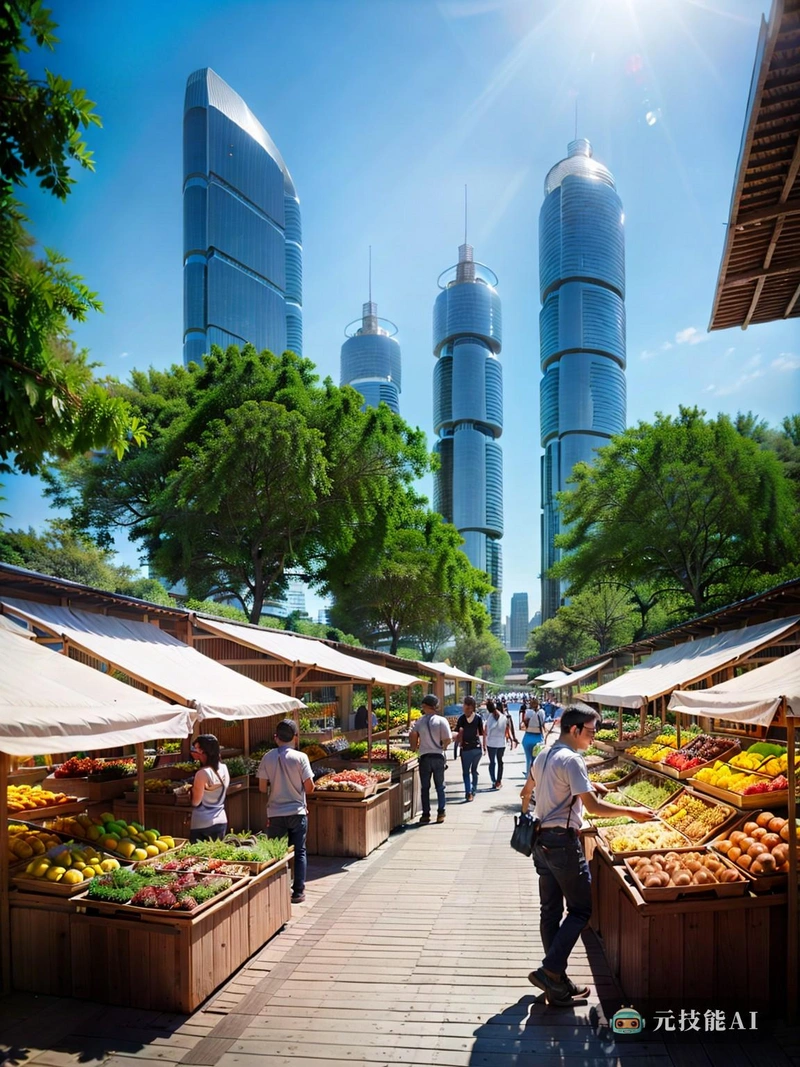 在这幅画的中心,一个充满活力的市场充满了商贩兜售商品的景象和声音。摊位布置成全景设计,吸引路人探索提供的各种商品和口味。五颜六色的水果和蔬菜堆叠在一起,反映了该地区丰富的生物多样性。手工艺品和传统工匠展示了当地社区熟练的手工艺。市场气氛激动人心,充斥着购物者的叽叽喳喳和街头小吃诱人的香气。小贩们的脸上挂满了笑容,自豪地展示着他们的辛勤劳动和创造力。人群是多样化的,代表了这个城市的多元文化人口。孩子们在摊位间自由奔跑,他们的笑声增添了欢乐的气氛。市场周围的城市景观是高科技和绿色建筑的马赛克。高耸的玻璃摩天大楼高耸入云,容纳了创新公司和研究机构。它们时尚、现代的设计反映了这座城市的科技进步和经济增长。亚克力板全景展示了这座城市在科技方面的成就,互动展示提供了有关可持续发展和可再生能源的信息。铸铁建筑与现代摩天大楼相得益彰,其复杂的细节和历史魅力提供了一种对比鲜明但又互补的美学。绿树成荫的人行道蜿蜒在建筑物之间,吸引着居民和游客漫步,沉浸在城市的自然美景中。太阳能电池板和风力涡轮机点缀在屋顶上,为可持续发展的未来利用可再生能源。这个城市是一个繁荣的活动中心,各行各业的人聚集在一起,创造了一个充满活力的社区。高科技和绿色元素的融合展示了一种前瞻性的城市规划方法,优先考虑经济增长和环境可持续性。市场是这一愿景的缩影,体现了丰富的文化遗产,同时拥抱创新和进步。 在这幅画的中心,一个充满活力的市场充满了商贩兜售商品的景象和声音。摊位布置成全景设计,吸引路人探索提供的各种商品和口味。五颜六色的水果和蔬菜堆叠在一起,反映了该地区丰富的生物多样性。手工艺品和传统工匠展示了当地社区熟练的手工艺。市场气氛激动人心,充斥着购物者的叽叽喳喳和街头小吃诱人的香气。小贩们的脸上挂满了笑容,自豪地展示着他们的辛勤劳动和创造力。人群是多样化的,代表了这个城市的多元文化人口。孩子们在摊位间自由奔跑,他们的笑声增添了欢乐的气氛。市场周围的城市景观是高科技和绿色建筑的马赛克。高耸的玻璃摩天大楼高耸入云,容纳了创新公司和研究机构。它们时尚、现代的设计反映了这座城市的科技进步和经济增长。亚克力板全景展示了这座城市在科技方面的成就,互动展示提供了有关可持续发展和可再生能源的信息。铸铁建筑与现代摩天大楼相得益彰,其复杂的细节和历史魅力提供了一种对比鲜明但又互补的美学。绿树成荫的人行道蜿蜒在建筑物之间,吸引着居民和游客漫步,沉浸在城市的自然美景中。太阳能电池板和风力涡轮机点缀在屋顶上,为可持续发展的未来利用可再生能源。这个城市是一个繁荣的活动中心,各行各业的人聚集在一起,创造了一个充满活力的社区。高科技和绿色元素的融合展示了一种前瞻性的城市规划方法,优先考虑经济增长和环境可持续性。市场是这一愿景的缩影,体现了丰富的文化遗产,同时拥抱创新和进步。
