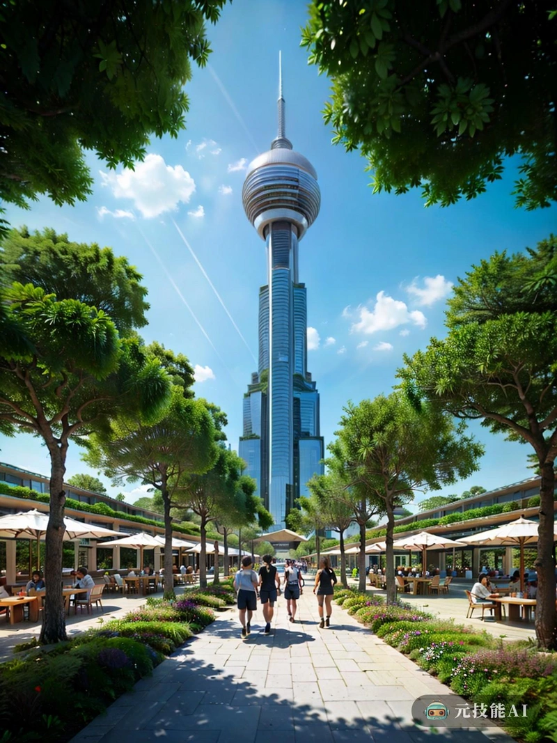 在图像的中心,一座高耸入云的塔楼高耸入云,其光滑的雕塑形式让人联想到新艺术建筑。塔的立面是充满活力的色彩和图案的马赛克,创造了一种运动和活力的感觉。塔楼的底部环绕着一个郁郁葱葱的绿色公园,行人沿着小路散步,孩子们在操场上玩耍。在塔的左边,熙熙攘攘的城市广场映入眼帘,咖啡馆、餐馆和商店在温暖的夏日阳光下欣欣向荣。人们参加各种各样的活动,从在户外咖啡馆读书到购买独特的纪念品。在大厦的右侧,可以看到一群现代公寓楼,它们光滑的玻璃外墙反映出城市的天际线。远处,一座未来主义风格的桥横跨河流,将城市与邻近地区连接起来。这座城市被郁郁葱葱的青山环绕,自行车道网络蜿蜒穿过景观,吸引着居民和游客探索它的每一个角落和缝隙。 在图像的中心,一座高耸入云的塔楼高耸入云,其光滑的雕塑形式让人联想到新艺术建筑。塔的立面是充满活力的色彩和图案的马赛克,创造了一种运动和活力的感觉。塔楼的底部环绕着一个郁郁葱葱的绿色公园,行人沿着小路散步,孩子们在操场上玩耍。在塔的左边,熙熙攘攘的城市广场映入眼帘,咖啡馆、餐馆和商店在温暖的夏日阳光下欣欣向荣。人们参加各种各样的活动,从在户外咖啡馆读书到购买独特的纪念品。在大厦的右侧,可以看到一群现代公寓楼,它们光滑的玻璃外墙反映出城市的天际线。远处,一座未来主义风格的桥横跨河流,将城市与邻近地区连接起来。这座城市被郁郁葱葱的青山环绕,自行车道网络蜿蜒穿过景观,吸引着居民和游客探索它的每一个角落和缝隙。
