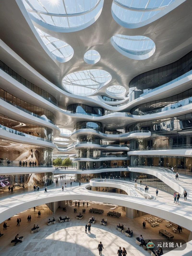 由著名建筑师扎哈·哈迪德设计的未来主义展厅鸟瞰图。大厅是一个光滑、起伏的结构,包裹在闪闪发光的玻璃和金属外壳中。阳光在其弯曲的表面上舞蹈,创造出光影的动态游戏。在内部,大厅为展览提供了一个巨大的开放空间,有灵活的展示区域和一个中央中庭,将自然光线带入建筑深处。该设计体现了哈迪德标志性的流动性,结合了功能和美学,创造了一个既鼓舞人心又引人入胜的空间。 由著名建筑师扎哈·哈迪德设计的未来主义展厅鸟瞰图。大厅是一个光滑、起伏的结构,包裹在闪闪发光的玻璃和金属外壳中。阳光在其弯曲的表面上舞蹈,创造出光影的动态游戏。在内部,大厅为展览提供了一个巨大的开放空间,有灵活的展示区域和一个中央中庭,将自然光线带入建筑深处。该设计体现了哈迪德标志性的流动性,结合了功能和美学,创造了一个既鼓舞人心又引人入胜的空间。