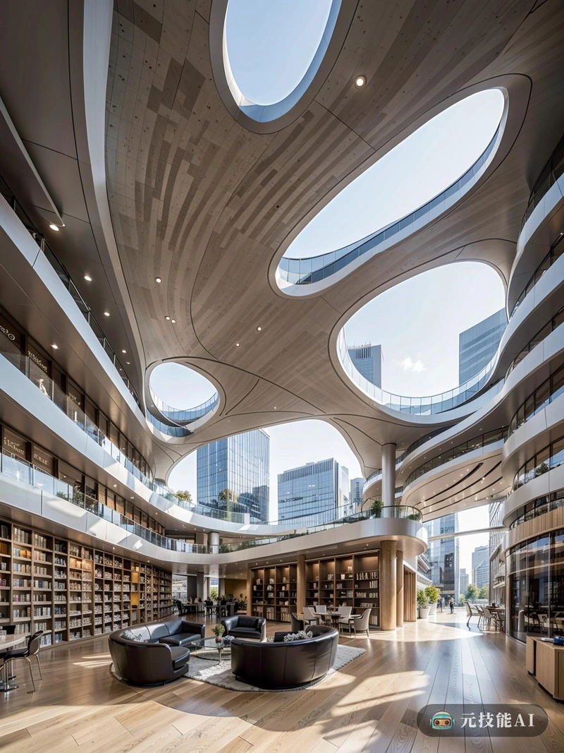 这座图书馆由扎哈·哈迪德(Zaha Hadid)设计,在城市摩天大楼的背景下,它就像一座未来主义的雕塑。日光透过建筑复杂的几何形状,在其起伏的表面上投射出动态的阴影。风化的混凝土外观与室内的清晰形成对比,温暖的木制元素和柔和的灯光营造出舒适的阅读氛围。几何形式,包括弯曲的墙壁和天花板,贯穿始终,体现了哈迪德标志性的流动性和活力风格。诸如复杂的天花板图案和窗户的战略位置等细节增加了整体审美吸引力。想象一下走进这个图书馆,被知识的声音和设计的宁静所包围。 这座图书馆由扎哈·哈迪德(Zaha Hadid)设计,在城市摩天大楼的背景下,它就像一座未来主义的雕塑。日光透过建筑复杂的几何形状,在其起伏的表面上投射出动态的阴影。风化的混凝土外观与室内的清晰形成对比,温暖的木制元素和柔和的灯光营造出舒适的阅读氛围。几何形式,包括弯曲的墙壁和天花板,贯穿始终,体现了哈迪德标志性的流动性和活力风格。诸如复杂的天花板图案和窗户的战略位置等细节增加了整体审美吸引力。想象一下走进这个图书馆,被知识的声音和设计的宁静所包围。
