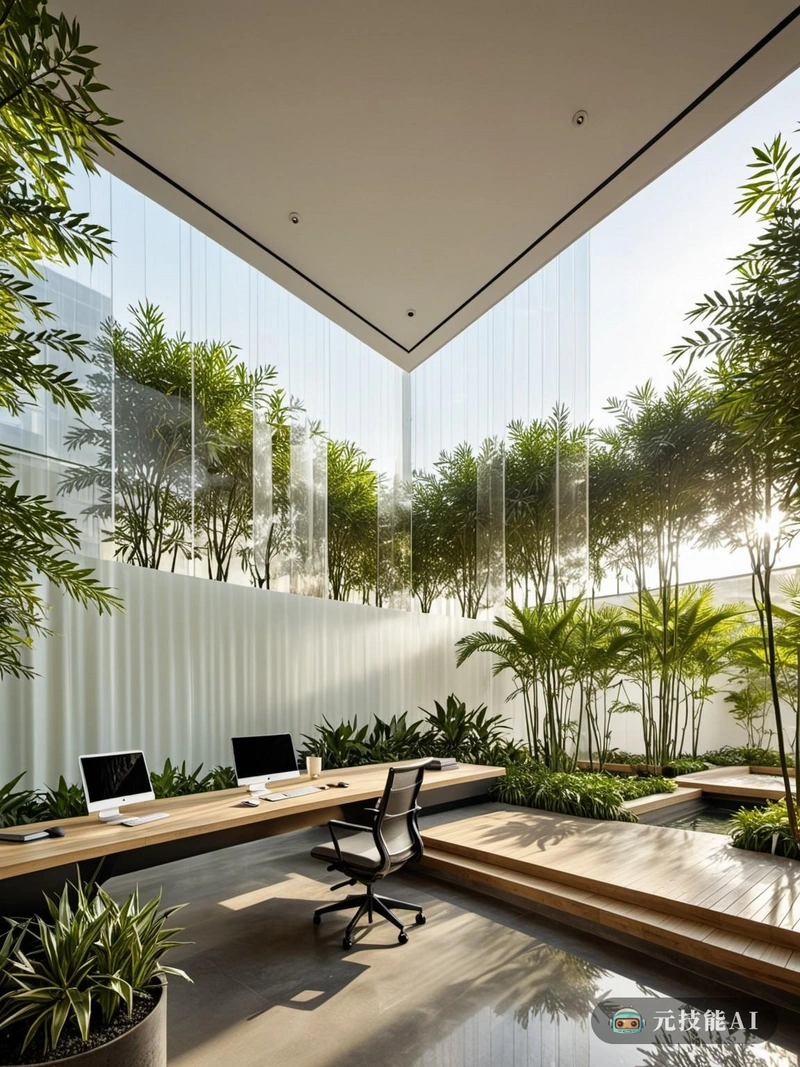 设想一个体现东方花园精髓的工作空间，这个设计概念形成了一个充满活力和动态的联合办公空间。室内设计是玻璃和钢铁极简主义的和谐融合，创造了一个透明而坚固的环境。玻璃幕墙结构不仅提供了周围花园的全景，而且让自然光涌入室内，培养了一种幸福感和活力。未来主义元素无缝地融入到设计中，例如悬臂结构，支持工作空间，而不需要可见的支撑，体现了悬浮和悬浮自由的感觉。这些悬臂式办公桌和会议舱悬浮位于地板上方，提供独特而现代的工作体验。东方花园是一个宁静的绿洲，有水景、景观和休息区，供放松和合作。设计融入了自然元素，如竹子和石头，创造了室内外空间之间的联系，培养了一种宁静和灵感的感觉。这个联合办公空间是设计的力量的证明，它将传统美学与当代技术相结合，创造了一个视觉上令人惊叹、功能上多功能的工作空间。