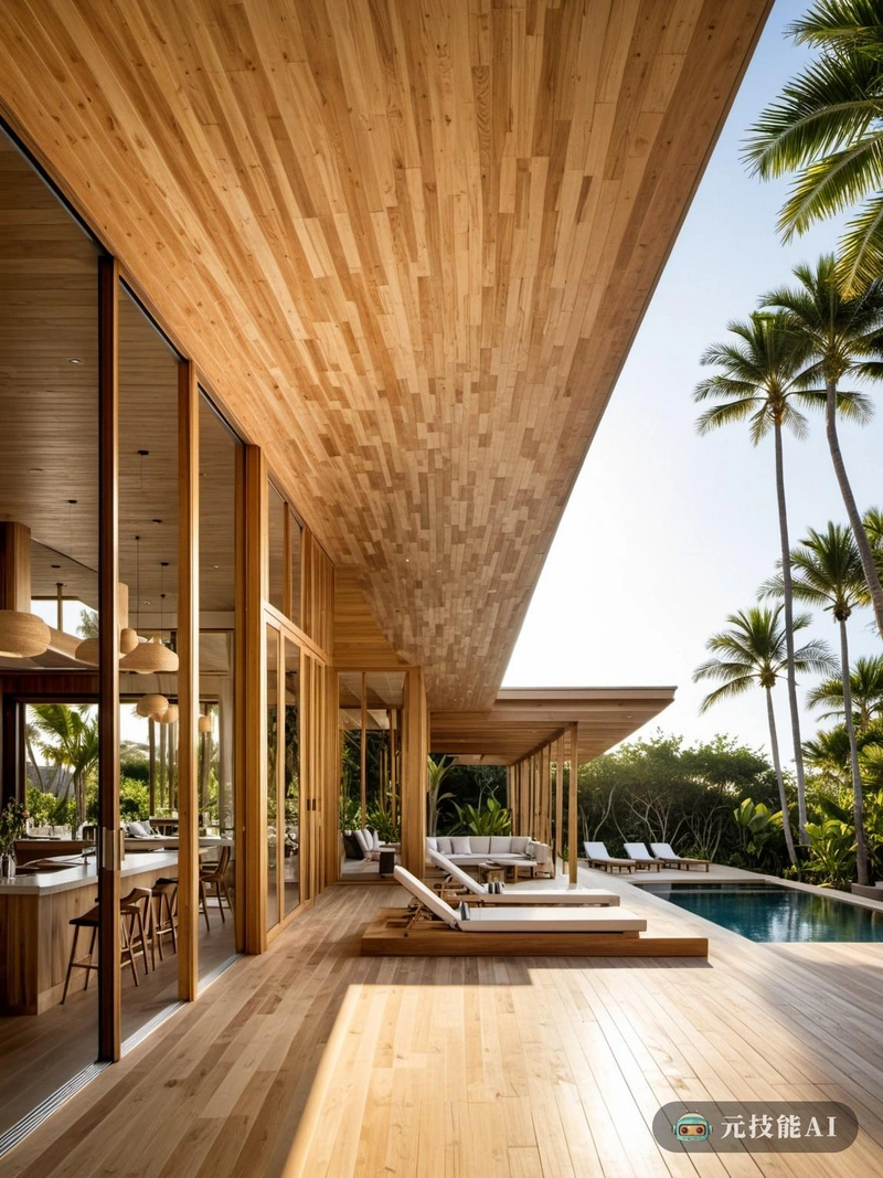 作为人与自然的和谐融合，海滩度假村的设计是现代主义建筑的证明。它的核心是坚持结构诚实的原则，其中每个元素都有一个目的，可见的和不可见的。度假村的外部覆盖着温暖的木制色调，唤起自然温暖和舒适的感觉。这种木质延伸到室内，创造了无缝的室内外体验。建筑是圆滑和流线型的，有干净的线条和最小的装饰，让周围的海滩和大海的自然美景占据中心舞台。分层设计贯穿始终，有不同层次的甲板、露台和花园，每个都提供了自己独特的周围景观视角。度假村的设计不仅美观，而且实用，为客人提供轻松愉快的体验。