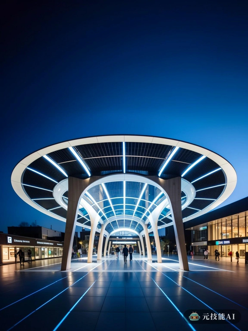 坐落在充满活力的艺术区内，未来的公交车站是高科技和可持续设计和谐融合的证明。它的翼状结构，覆盖着透明的玻璃，翱翔在城市景观之上，优雅的曲线和动态的线条吸引着路人的目光。这不仅仅是一个公交车站;这是有机建筑的杰作。机翼涂有镀膜玻璃，不仅允许自然光进入室内，创造明亮通风的氛围，还有助于提高车站的能源效率。玻璃涂层反射太阳辐射，在夏天保持室内凉爽，在冬天保持温暖，同时也减少眩光和提供隐私。这个带翅膀的结构不仅美观;它也有实际用途。机翼支撑着太阳能电池板的天篷，利用太阳能为空间站的运行提供动力，进一步实现其对可持续发展的承诺。太阳能电池板也创造了一种动态的视觉效果，它们移动的阴影投射在玻璃覆盖的机翼上。在内部，车站的设计考虑到旅客的舒适和便利。宽阔、开放的空间促进了人流的流动，而长椅和信息亭的战略性放置为路人提供了一个休息和收集信息的地方。这个未来的公交车站不仅仅是一个交通枢纽;它是创新和可持续发展的灯塔，是当我们利用技术和设计的力量创造一个更美好、更可持续的未来时的可能。