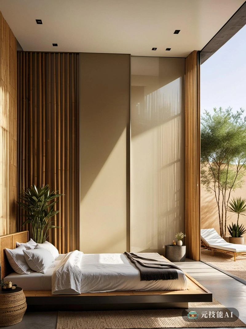 卧室是繁忙住宅中心的私人庇护所，它被改造成沙漠中的绿洲，融合了玻璃和钢铁的极简主义和构成主义建筑。房间的设计以竹制的床架为中心，这种材料给空间带来了宁静和自然温暖的感觉。框架是精心制作的，遵循建构主义建筑的原则，具有干净的线条和几何形状，体现了极简主义的本质。在床的周围，落地窗的玻璃提供了一个全景，带来了户外，创造了无限的感觉。窗户的钢架，其时尚和现代的设计，与竹床框架形成了美丽的对比，创造了一个动态的视觉兴趣。房间的色调主要是中性的，以温暖的木材和凉爽的钢材为主。这种配色方案，以及使用最小的家具和装饰，确保空间保持平静和整洁。除了竹床架，其他家具，如床头柜和衣柜，也由竹子制成，保持了房间的自然，朴实的主题。衣橱里有滑动玻璃门，是对文艺复兴风格设计的致敬，将旧世界的魅力与当代的简约融合在一起。总体而言，这间卧室的设计是现代极简主义、自然优雅和历史魅力的和谐融合，创造了一个放松和鼓舞人心的空间，是城市景观沙漠中真正的绿洲。