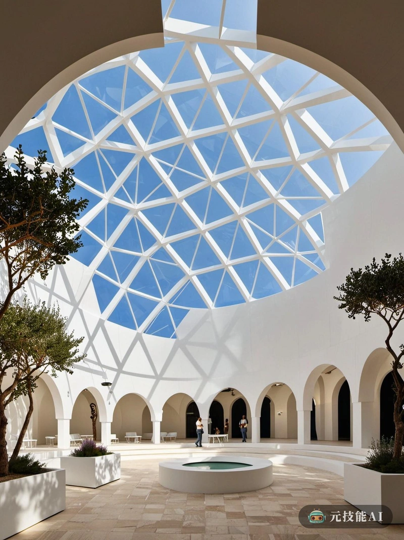 梦幻花园和现代建筑展览展示了独特的设计理念，受希腊建筑和当代家具设计的影响。游客将进入一个梦幻般的花园，在那里，现代家具点缀着景观，创造了一个宁静而又现代的环境。展览的中心是一个圆顶形状的结构，唤起了古希腊传统的圆顶和拱顶，但使用现代膜结构材料建造。这个圆顶不仅是一个焦点，而且还展示了轻质耐用建筑材料的最新进展。展览探索了传统希腊设计原则与当代建筑的交集，邀请参观者沉浸在一个过去与未来和谐共存的梦幻世界中。