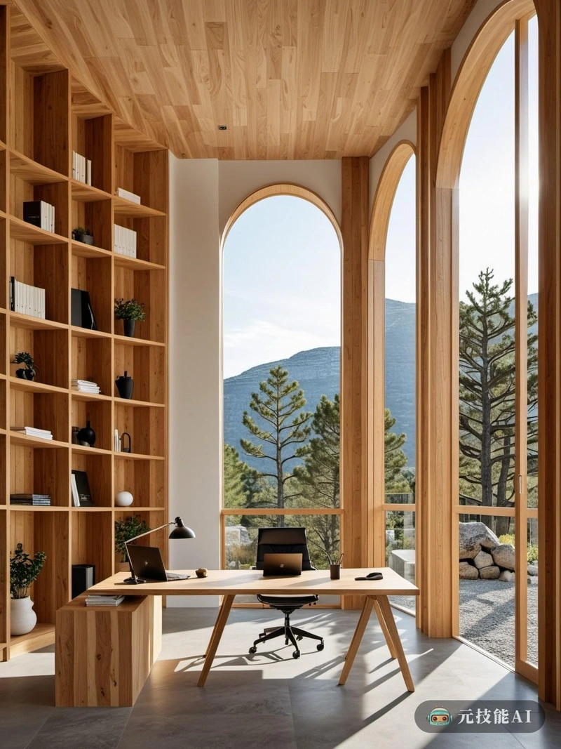 设想一个工作空间，体现北欧山脉的宁静，希腊建筑的优雅，和温暖的木制口音。走进这间办公室，你会立刻被带到一个宁静的亭子里，被大自然的清新魅力所包围。办公室是几何形状和现代设计的和谐结合。简洁的线条和锐利的角度创造了一个充满活力的工作空间，体现了北欧设计的精确和效率。木材和石头等天然材料的使用增加了一丝温暖和泥土的感觉，平衡了几何布局的寒冷和临床美学。来自希腊建筑的灵感在优雅的圆柱和拱形框架的办公空间是显而易见的。这些结构元素不仅增加了视觉上的兴趣，而且创造了一种宏伟和精致的感觉。亭子式的设计允许充足的自然光线涌入空间，创造一个明亮通风的氛围，非常适合工作或放松。这个北欧办公室不仅仅是一个工作空间;这是一个避难所，人们可以在这里逃离日常生活的喧嚣。这是一个几何与自然共存，现代与传统融合，工作与灵感交汇的地方。