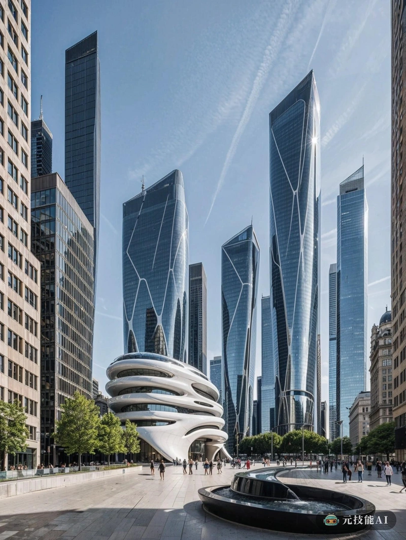 扎哈·哈迪德(Zaha Hadid)设计的螺旋形博物馆大楼在摩天大楼的背景下拔地而起，令人惊叹。博物馆的设计巧妙地融合了曲线和角度，在城市景观的衬托下创造了一个充满活力和未来感的轮廓。螺旋形状看起来扭曲和转动，创造一个动态的流动，吸引眼球。建筑的外观是光影的游戏，玻璃面板反映了周围的城市景观，创造了一个不断变化的外观。背景中的摩天大楼增加了规模感和文脉感，突出了博物馆在城市结构中的地位。整体形象证明了哈迪德的远见和建筑塑造城市景观的潜力。