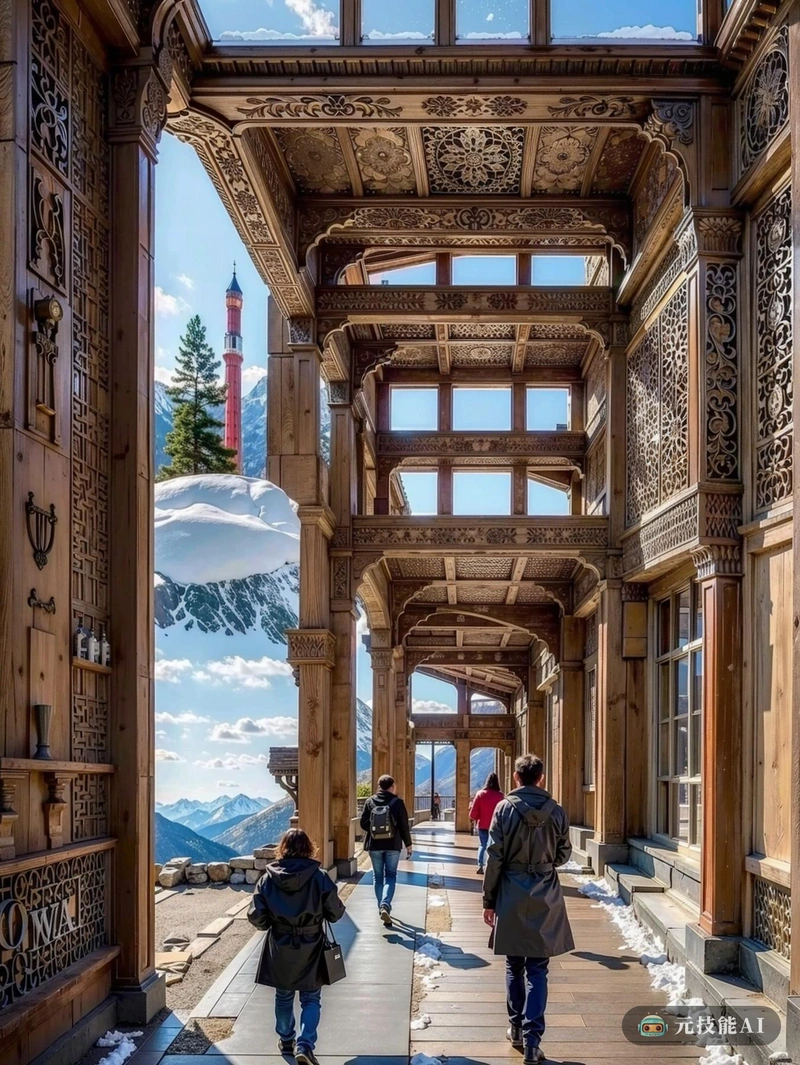 一幅独特的博物馆建筑的图画出现了,类似于古代的拱廊。这座建筑高耸而傲然地矗立在白雪皑皑的群山的背景下,山峰高耸入云。博物馆的正面装饰着复杂的雕刻和充满活力的绘画,描绘了历史场景和文化图标。窗户很大,让自然光进入室内,在展品上投射出温暖的光芒。游客们可以看到在走廊里徘徊,当他们发现里面丰富的历史和文化时,他们的脸上充满了好奇和惊奇。 一幅独特的博物馆建筑的图画出现了,类似于古代的拱廊。这座建筑高耸而傲然地矗立在白雪皑皑的群山的背景下,山峰高耸入云。博物馆的正面装饰着复杂的雕刻和充满活力的绘画,描绘了历史场景和文化图标。窗户很大,让自然光进入室内,在展品上投射出温暖的光芒。游客们可以看到在走廊里徘徊,当他们发现里面丰富的历史和文化时,他们的脸上充满了好奇和惊奇。