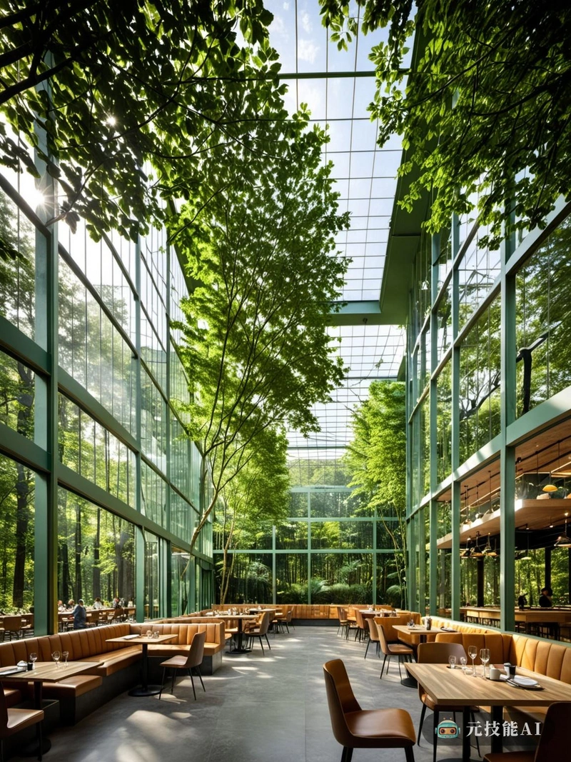 在郁郁葱葱的绿色森林深处，一个咖啡馆的设计概念展开，体现了未来主义与可持续元素的本质。这个被称为“森林咖啡馆”的设计是技术与自然和谐融合的证明。咖啡馆坐落在一个花园中，周围是参天的树木和丰富的树叶。外部采用格子结构，允许自然光透过，创造一种开放的感觉。这种格子结构进一步强化了钢化玻璃板，提供了周围森林的清晰视野，同时保持了舒适的室内环境。在内部，咖啡馆配备了高科技功能，如自动点餐系统和环保的加热和冷却机制。家具采用可回收材料，秉承可持续发展的设计理念。室内设计简约而未来，LED照明和光滑的表面，创造了一个现代而舒适的氛围。森林咖啡馆提供了一个独特的用餐体验，在那里客人可以享受他们的饭菜，同时被大自然的宁静和现代科技的便利所包围。它证明了与自然和谐相处的可能性，即使在最先进的技术时代。